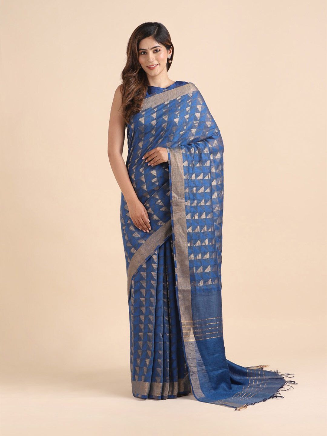 Taneira Women Blue & Gold-Toned Woven Design Zari Pure Silk Bhagalpuri Saree Price in India