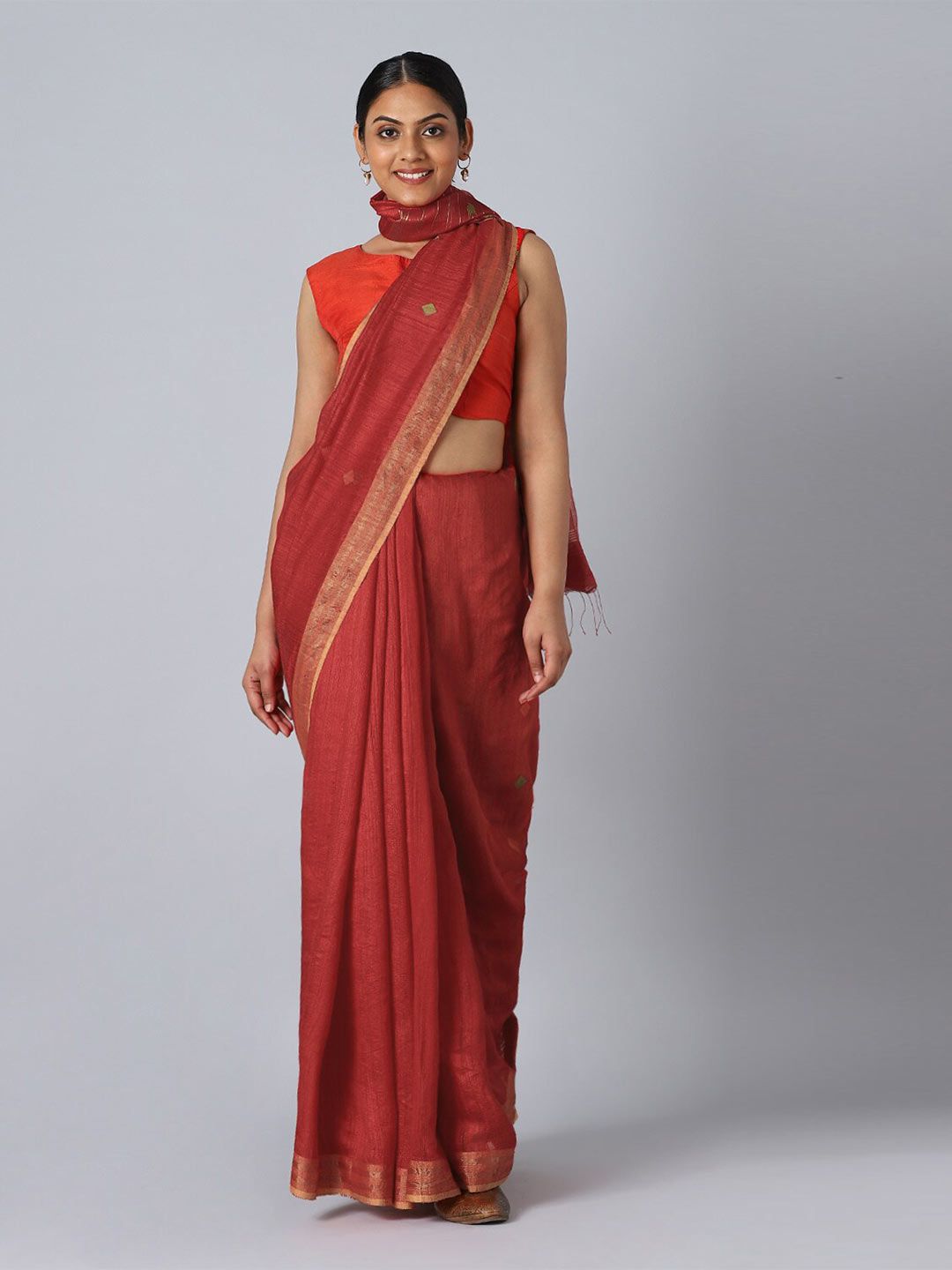 Taneira Red & Orange Woven Design Pure Silk Jamdani Saree Price in India