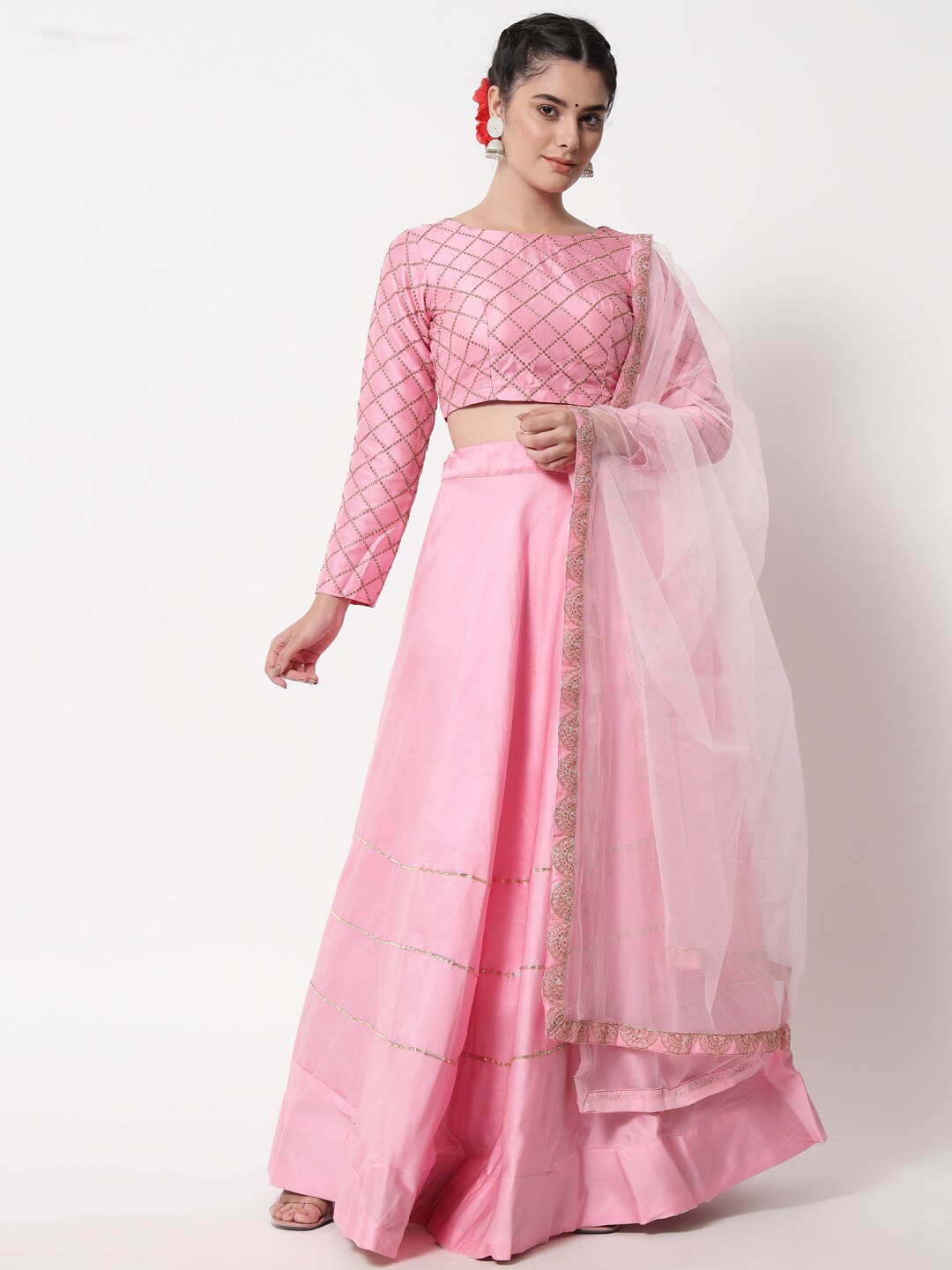 Mitera Pink & Gold-Toned Embellished Ready to Wear Lehenga & Unstitched Blouse With Dupatta Price in India