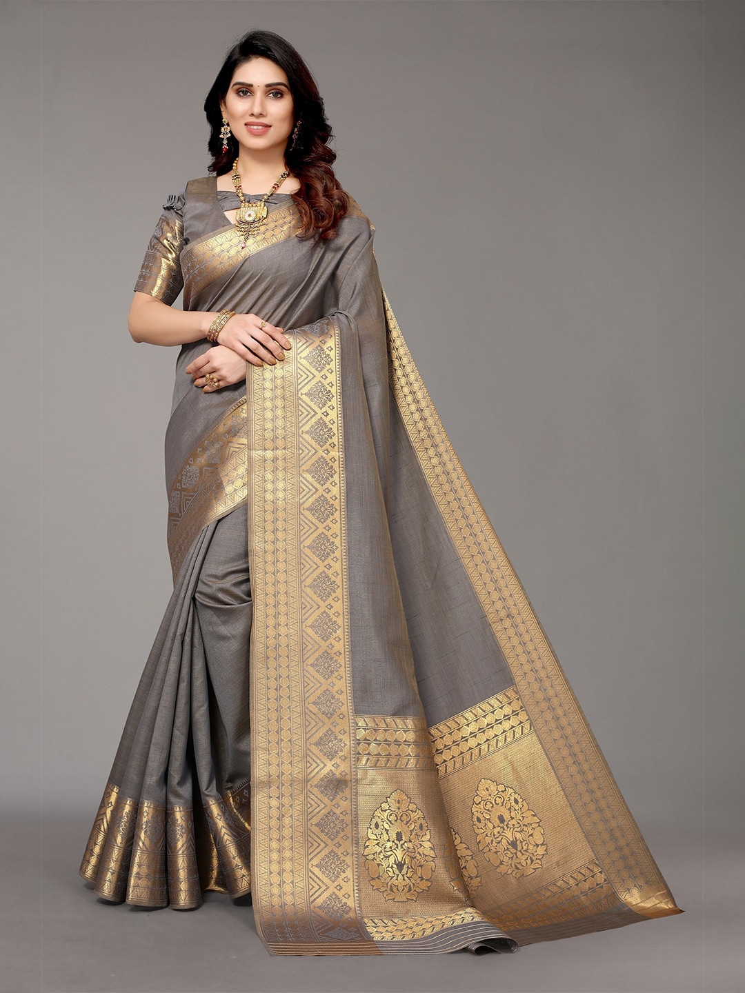 Winza Designer Grey & Gold-Toned Ethnic Motifs Zari Silk Blend Banarasi Saree Price in India