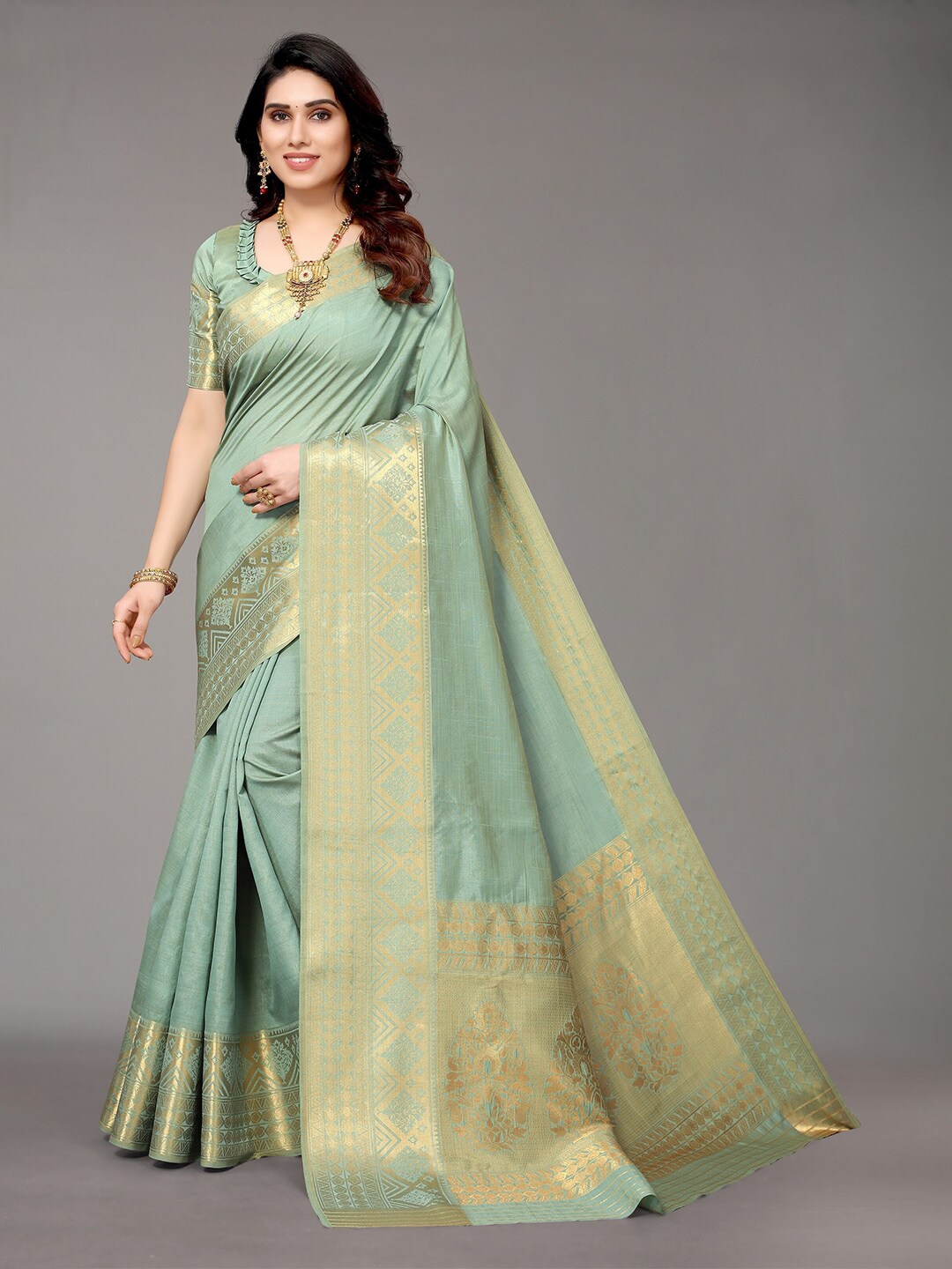Winza Designer Sea Green & Gold-Toned Ethnic Motifs Zari Silk Blend Banarasi Saree Price in India