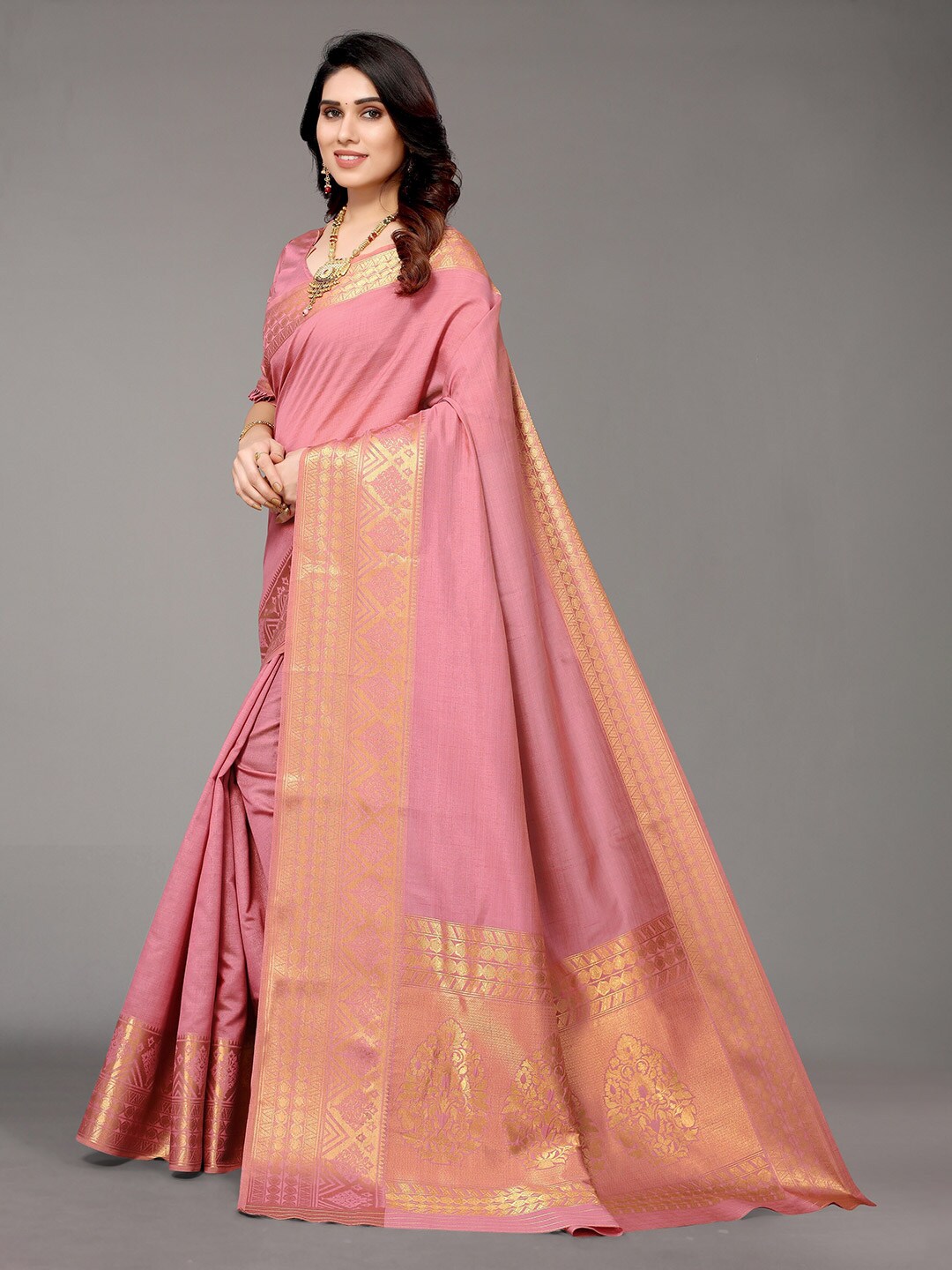 Winza Designer Rose Gold Ethnic Motifs Zari Silk Blend Banarasi Saree Price in India