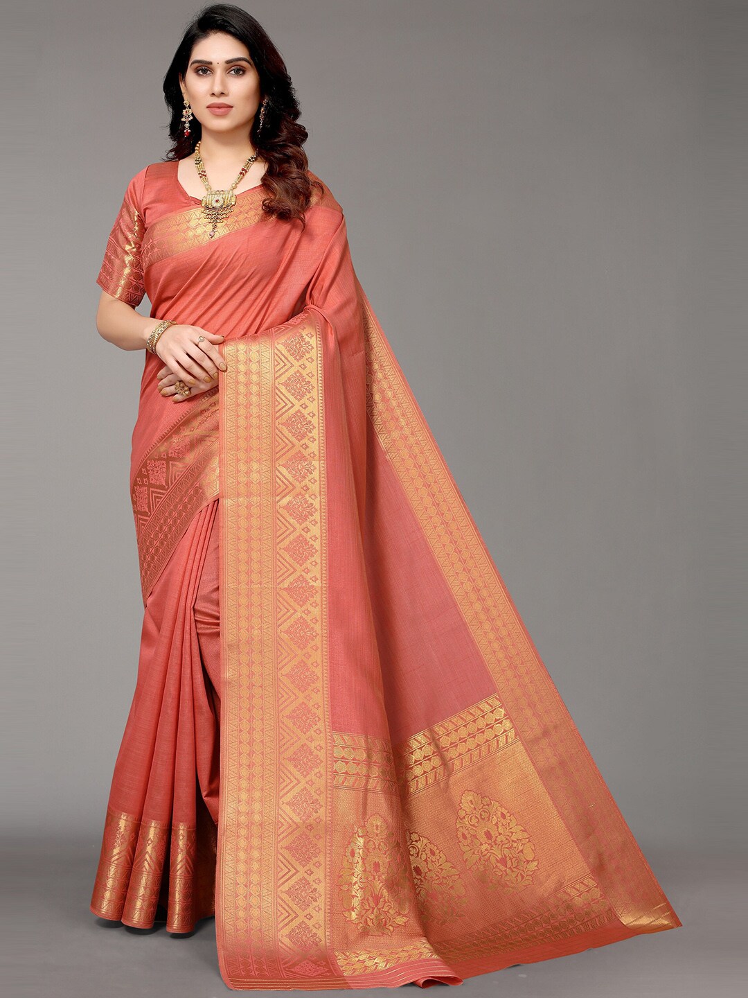 Winza Designer Peach-Coloured & Gold-Toned Ethnic Motifs Zari Silk Blend Banarasi Saree Price in India