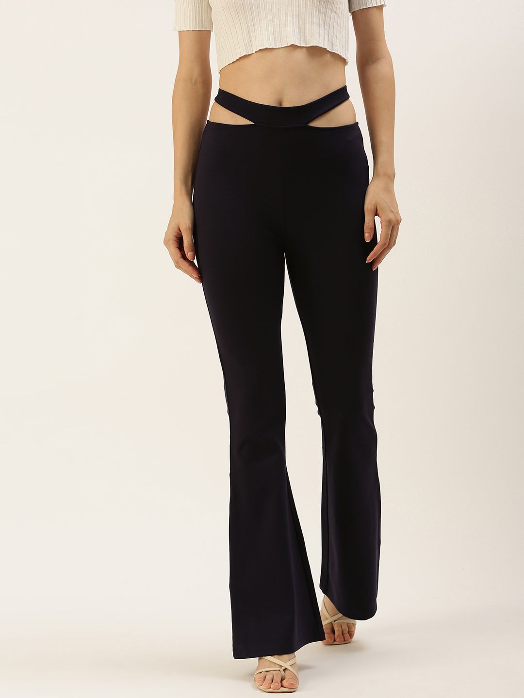 FOREVER 21 Women Navy Blue Slim Fit High-Rise Flared Trousers Price in India