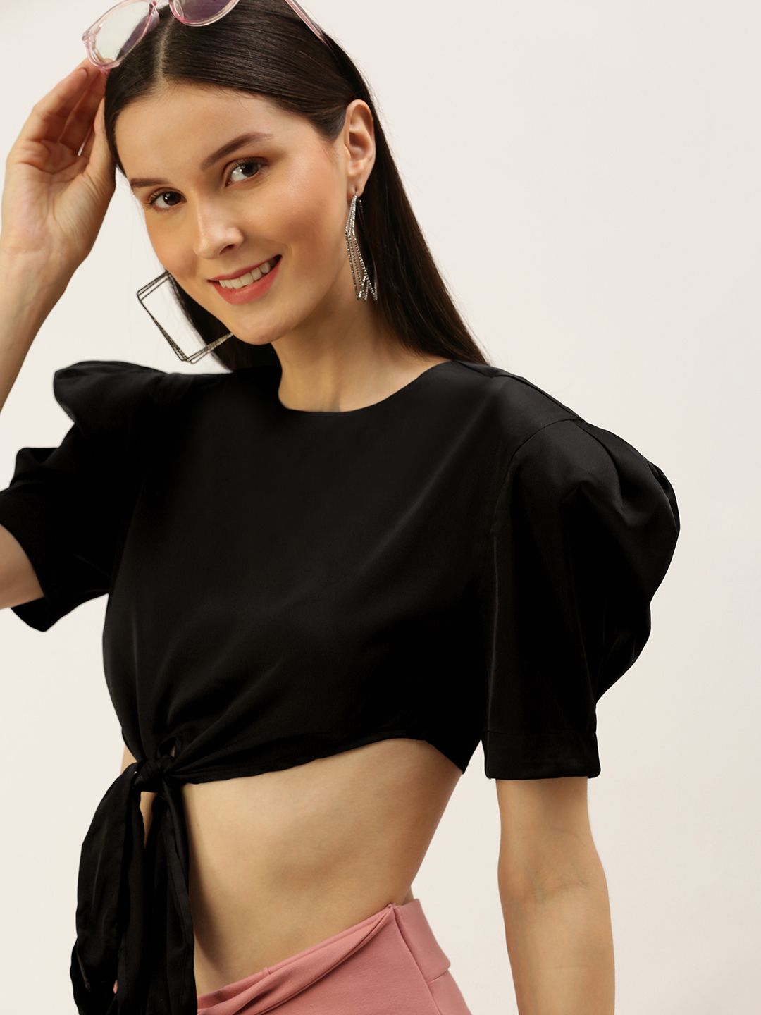 FOREVER 21 Black Satin Finish Puff Sleeves Crop Top with Tie-ups Price in India