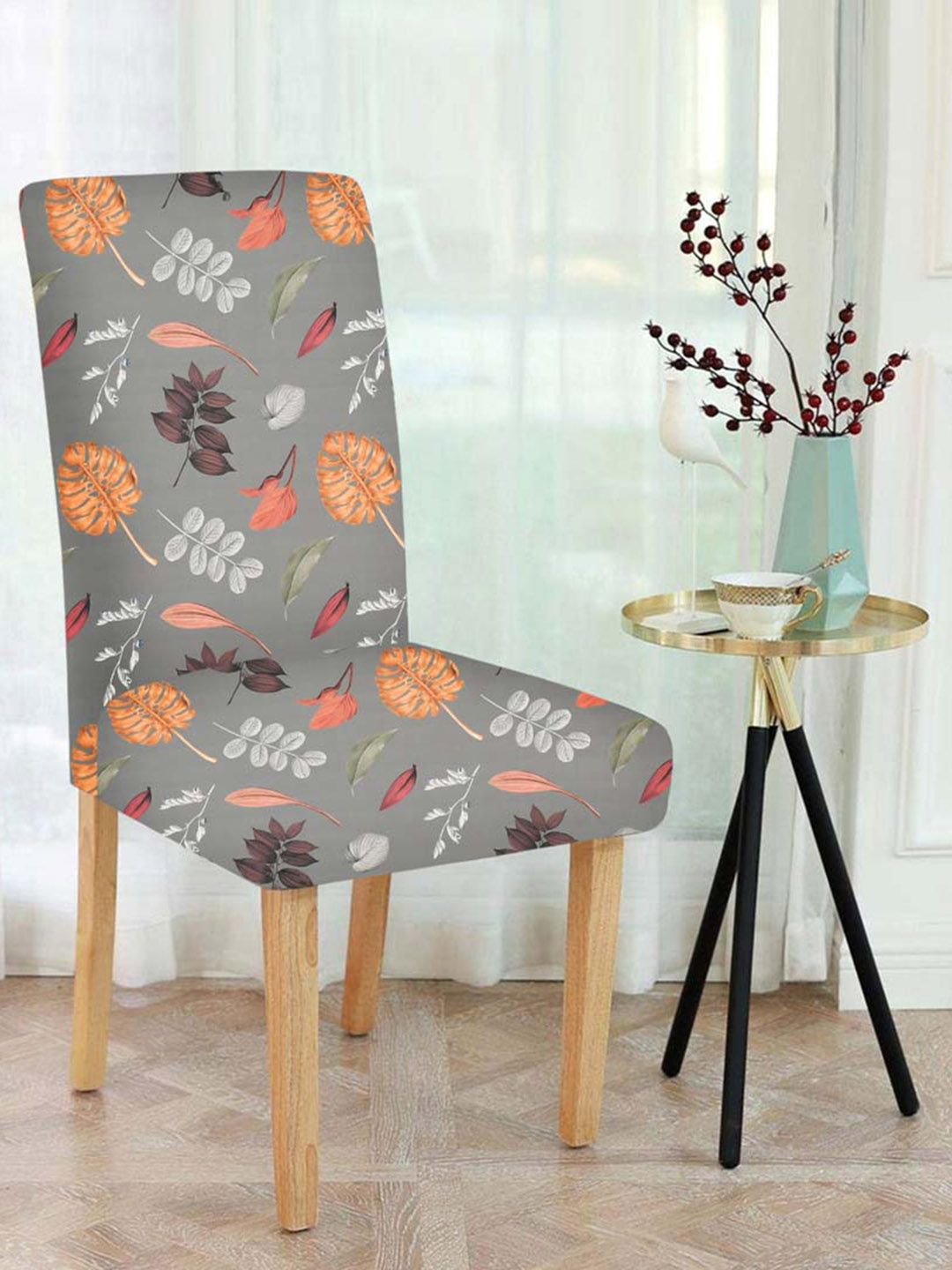 Slushy Mushy Set Of 4 Grey and Orange Printed Chair Covers Price in India