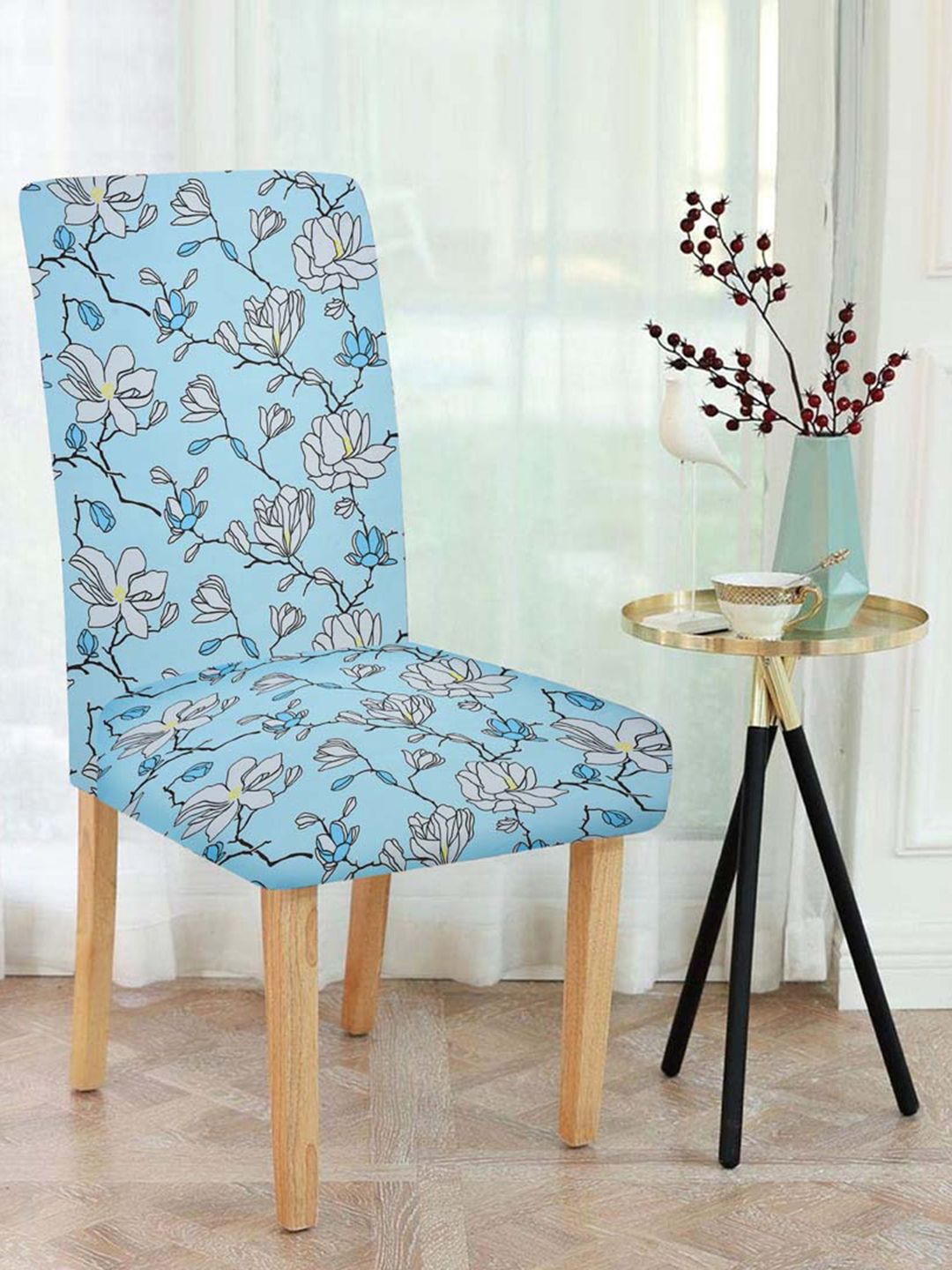 Slushy Mushy Blue & Off White Set of 4 Printed Chair Covers Price in India