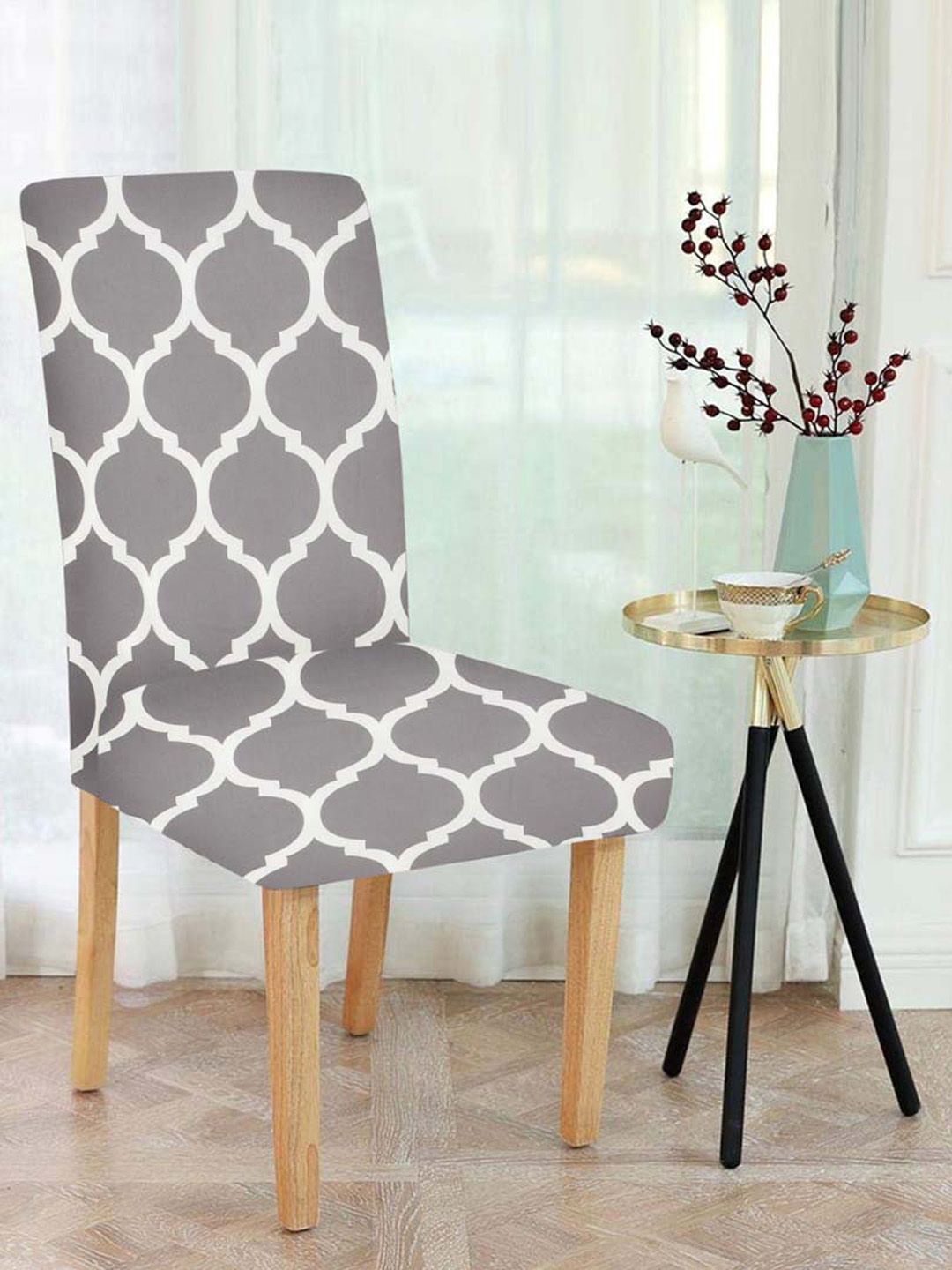Slushy Mushy Grey & White Set Of 4 Printed Chair Covers Price in India