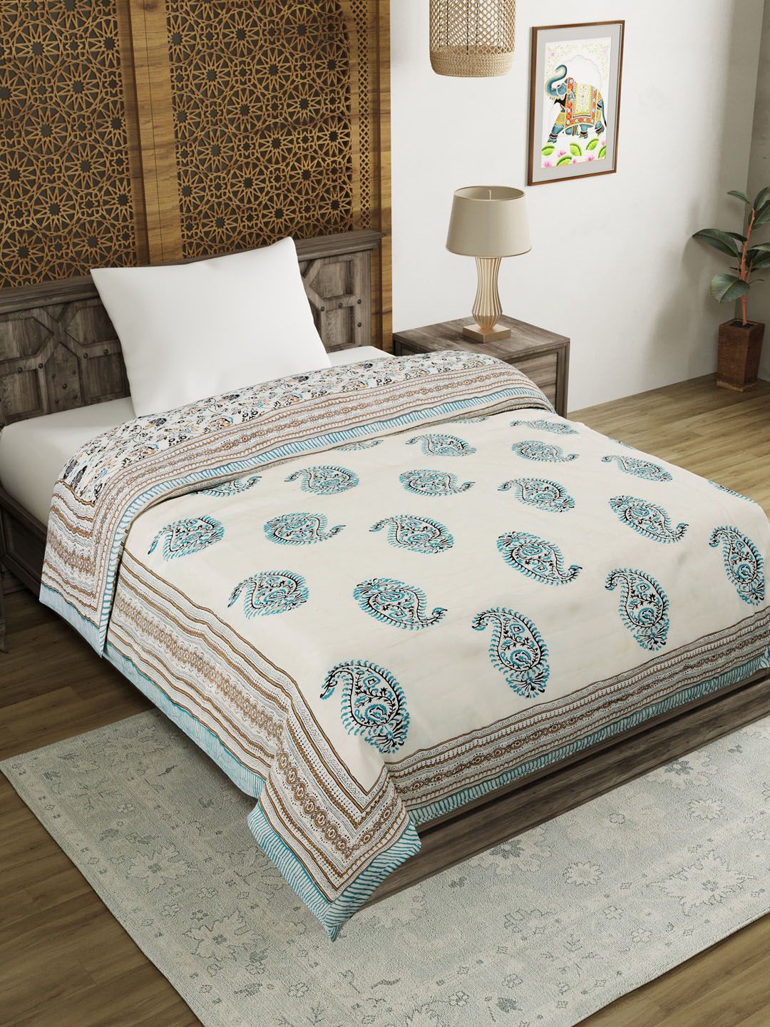 BLOCKS OF INDIA Unisex Grey Printed Cotton Single Quilts Price in India
