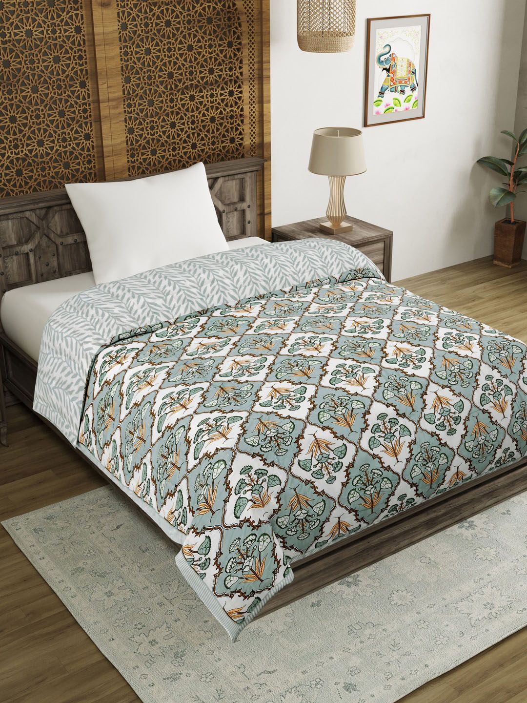 BLOCKS OF INDIA Grey & White Ethnic Motifs Mild Winter 350 GSM Single Bed Quilt Price in India