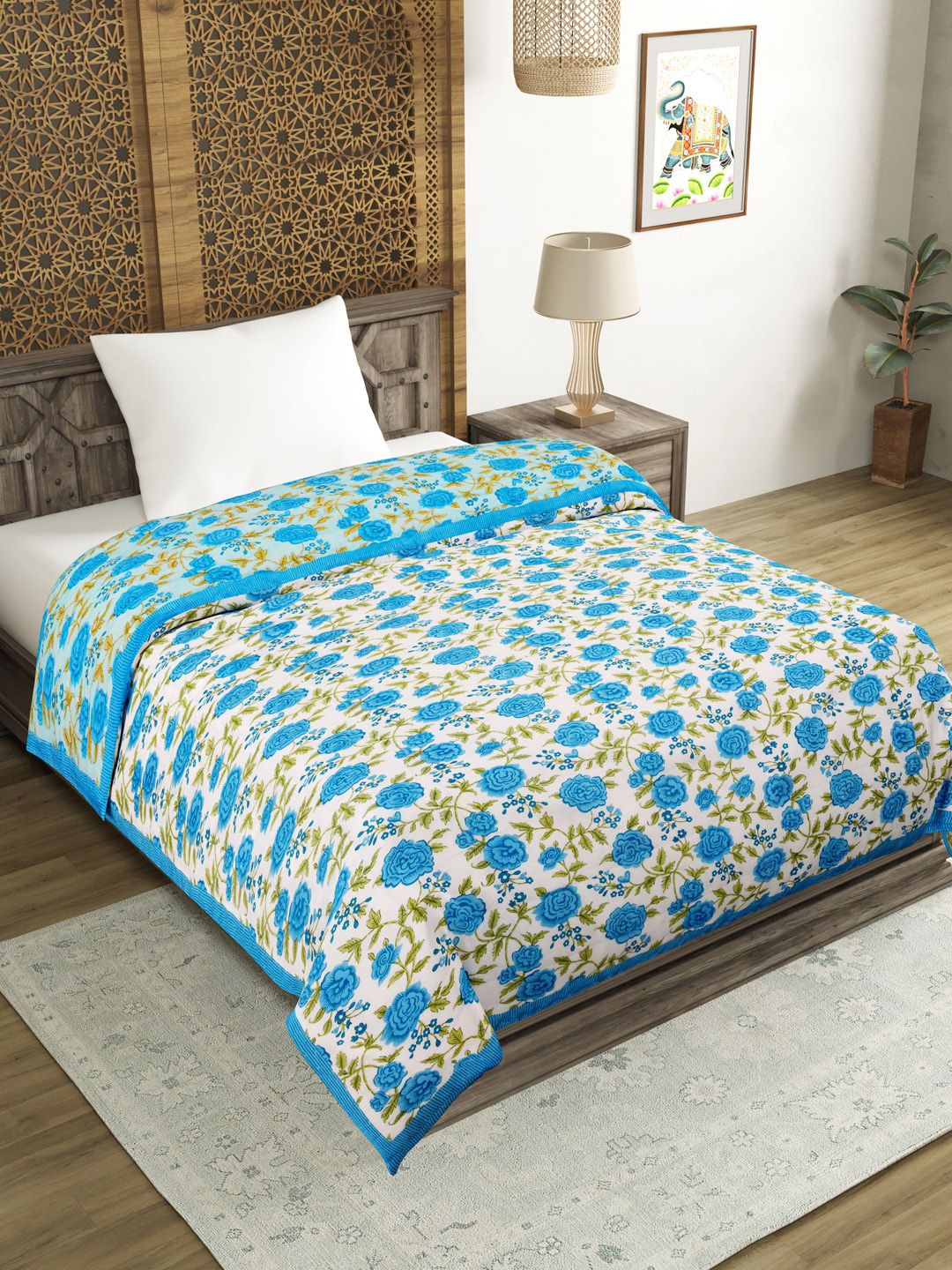 BLOCKS OF INDIA Unisex Blue & White Printed 350 GSM Cotton Quilts Price in India