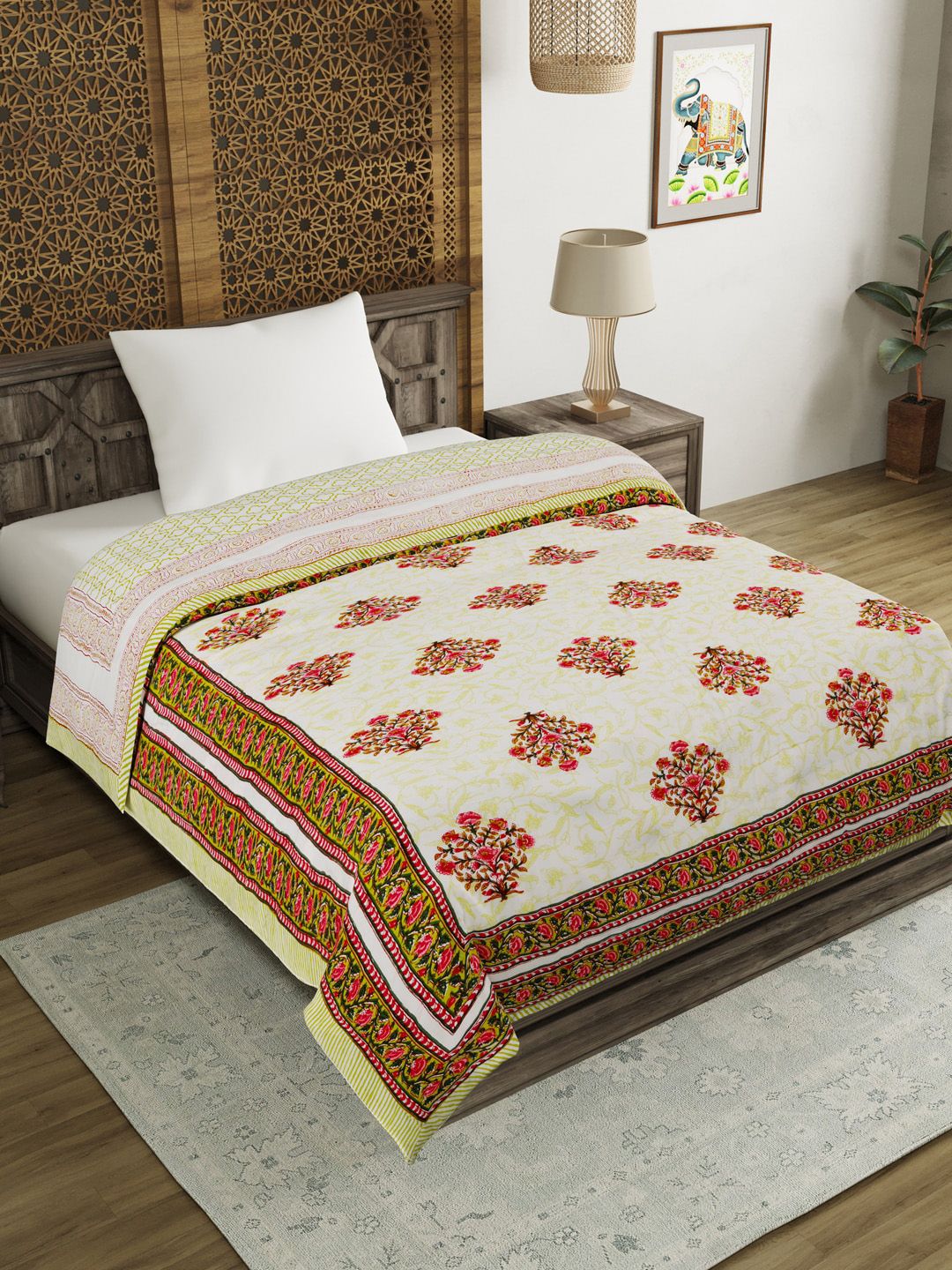 BLOCKS OF INDIA Green & Off White Ethnic Motifs Mild Winter 350 GSM Single Bed Quilt Price in India
