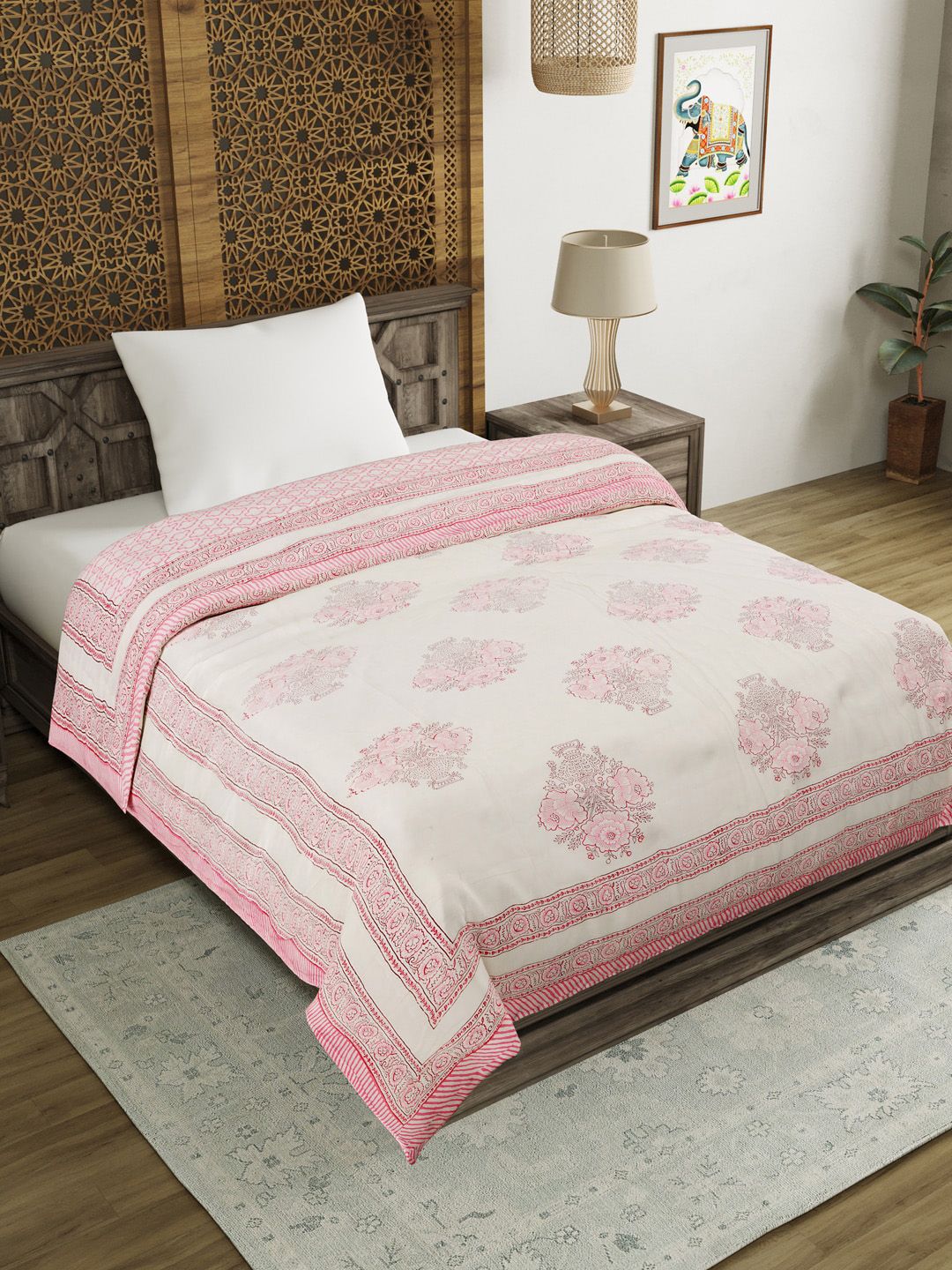 BLOCKS OF INDIA Pink & White Ethnic Motifs Mild Winter 350 GSM Single Bed Quilt Price in India