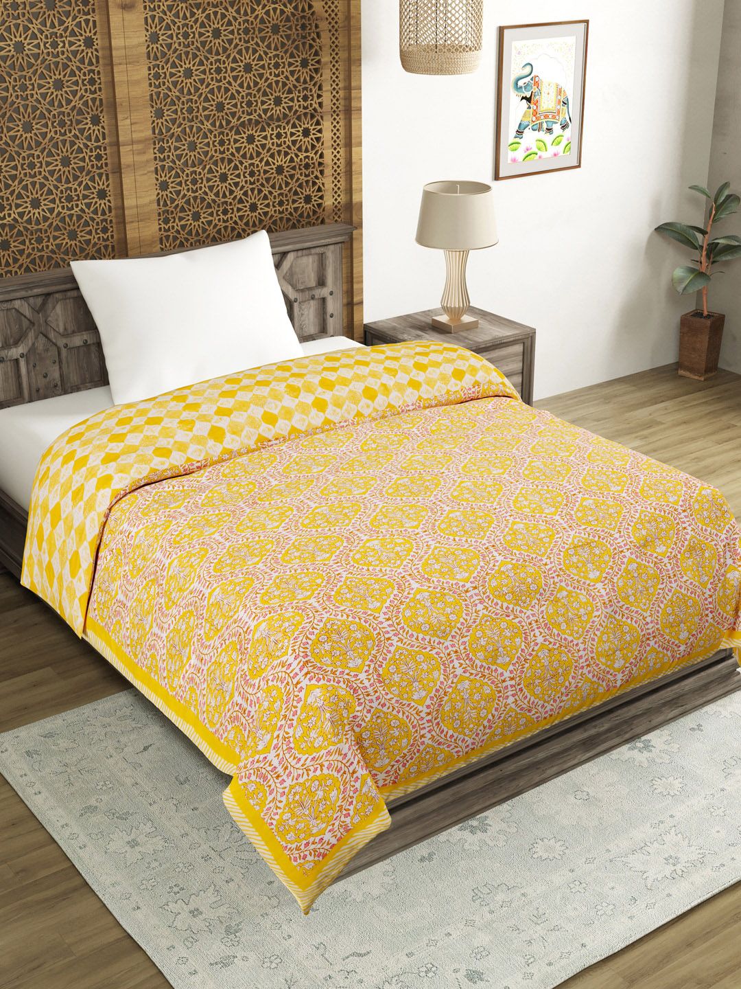 BLOCKS OF INDIA Unisex Yellow Printed 350 GSM Blankets Quilts and Dohars Price in India