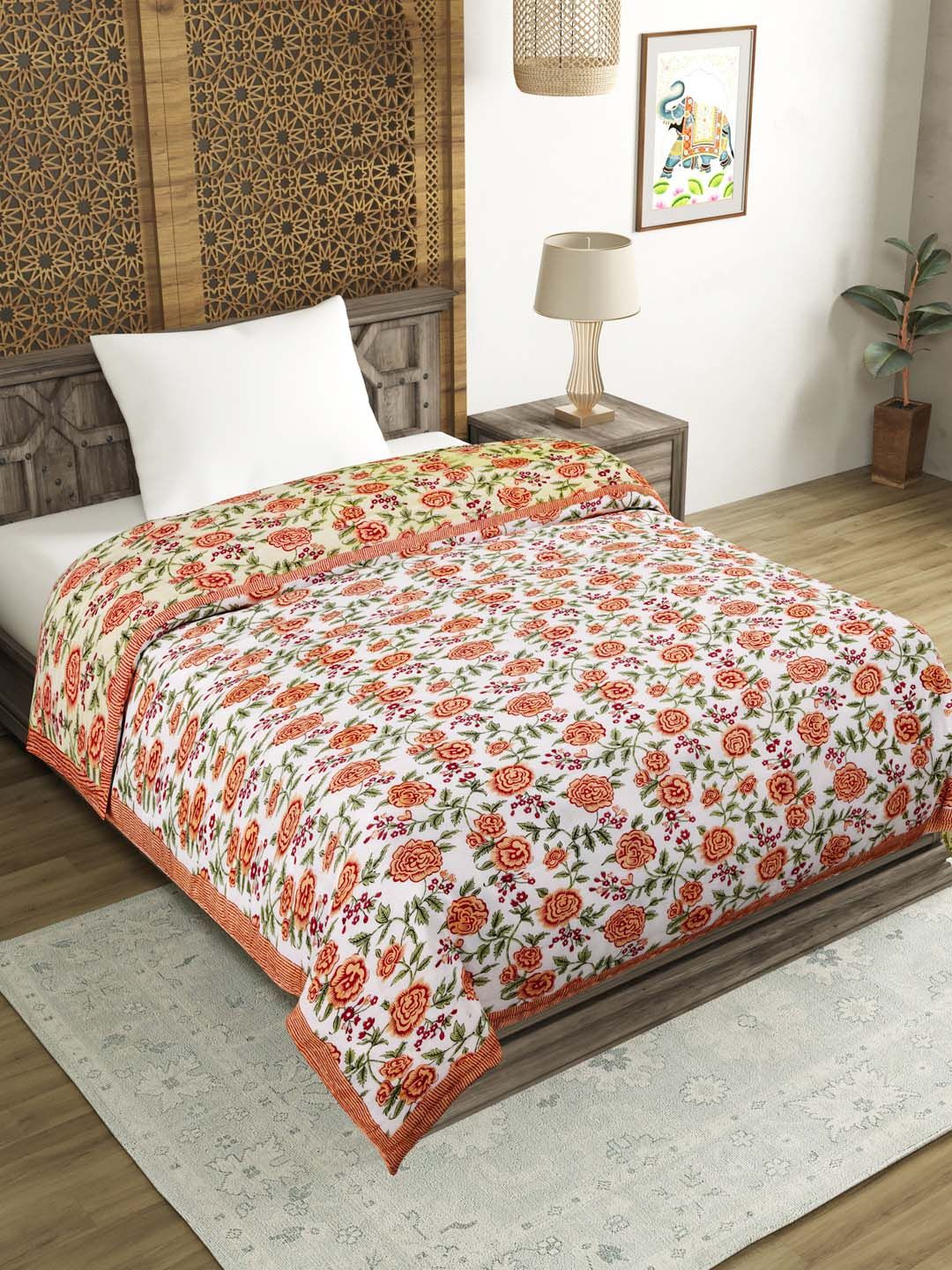 BLOCKS OF INDIA Green & Peach-Coloured Ethnic Motifs Mild Winter 350 GSM Single Bed Quilt Price in India