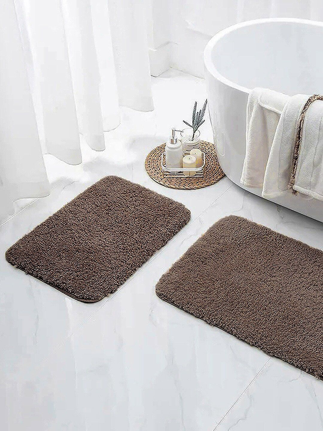 Nautica Set Of 2 Brown Solid 2800 GSM Ultra Soft Fluffy Anti Slip Bath Rugs Price in India