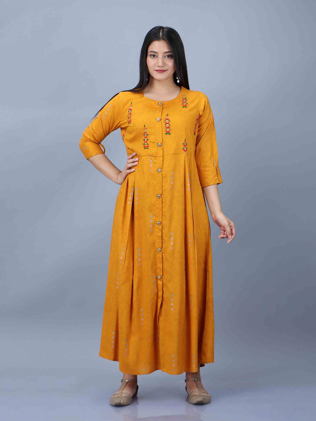 KALINI Mustard Yellow Printed Floral Embroidered  Ethnic Maxi Dress Price in India