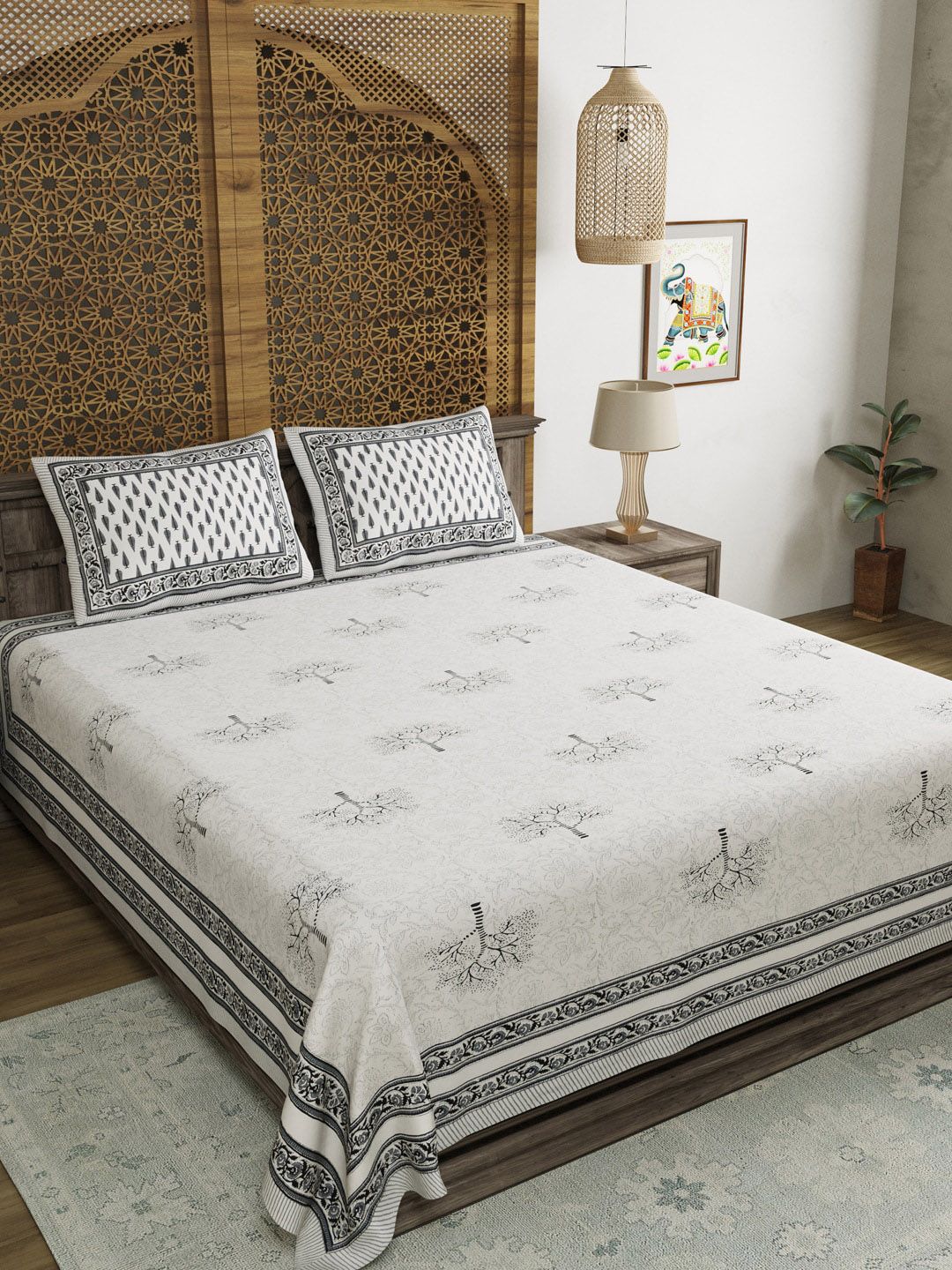 BLOCKS OF INDIA Grey & White Ethnic Motifs 210 TC King Bedsheet with 2 Pillow Covers Price in India