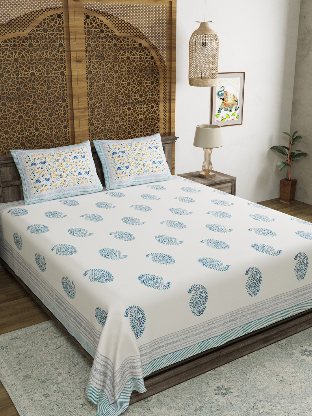 BLOCKS OF INDIA Blue & White Ethnic Motifs 210 TC King Bedsheet with 2 Pillow Covers Price in India