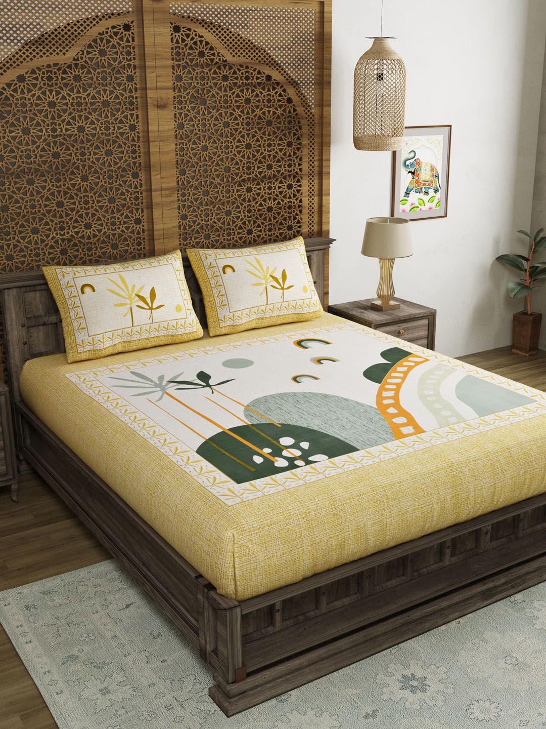 BLOCKS OF INDIA Yellow & Green Floral 210 TC King Bedsheet with 2 Pillow Covers Price in India