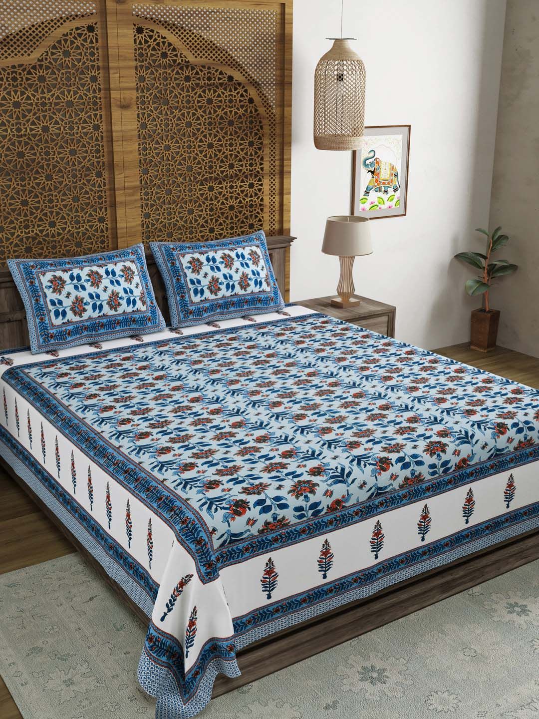 BLOCKS OF INDIA Blue & White Ethnic Motifs 210 TC King Bedsheet with 2 Pillow Covers Price in India