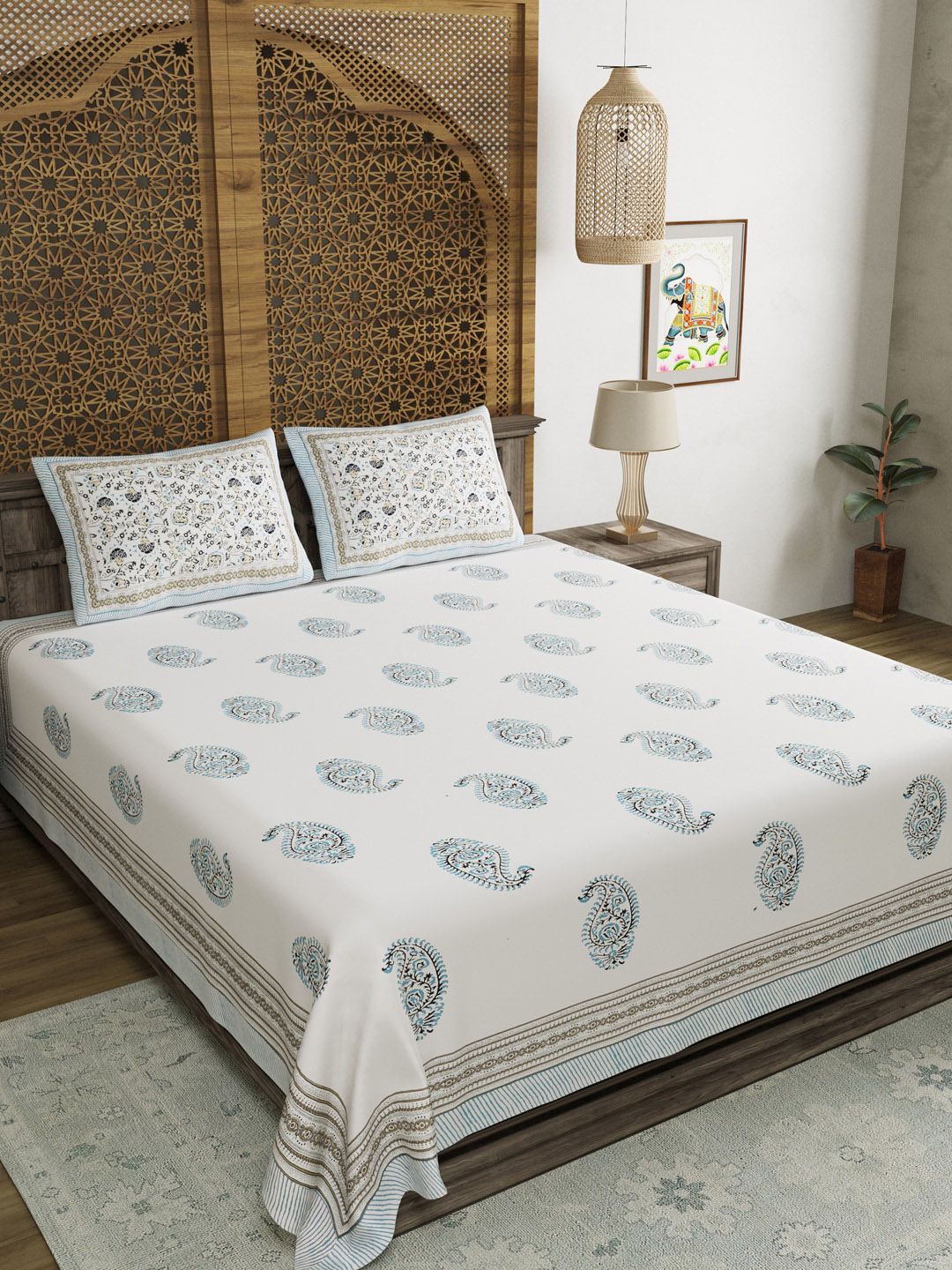 BLOCKS OF INDIA Adults White & Blue Ethnic Motifs 210 TC King Bedsheet & 2 Pillow Covers Price in India