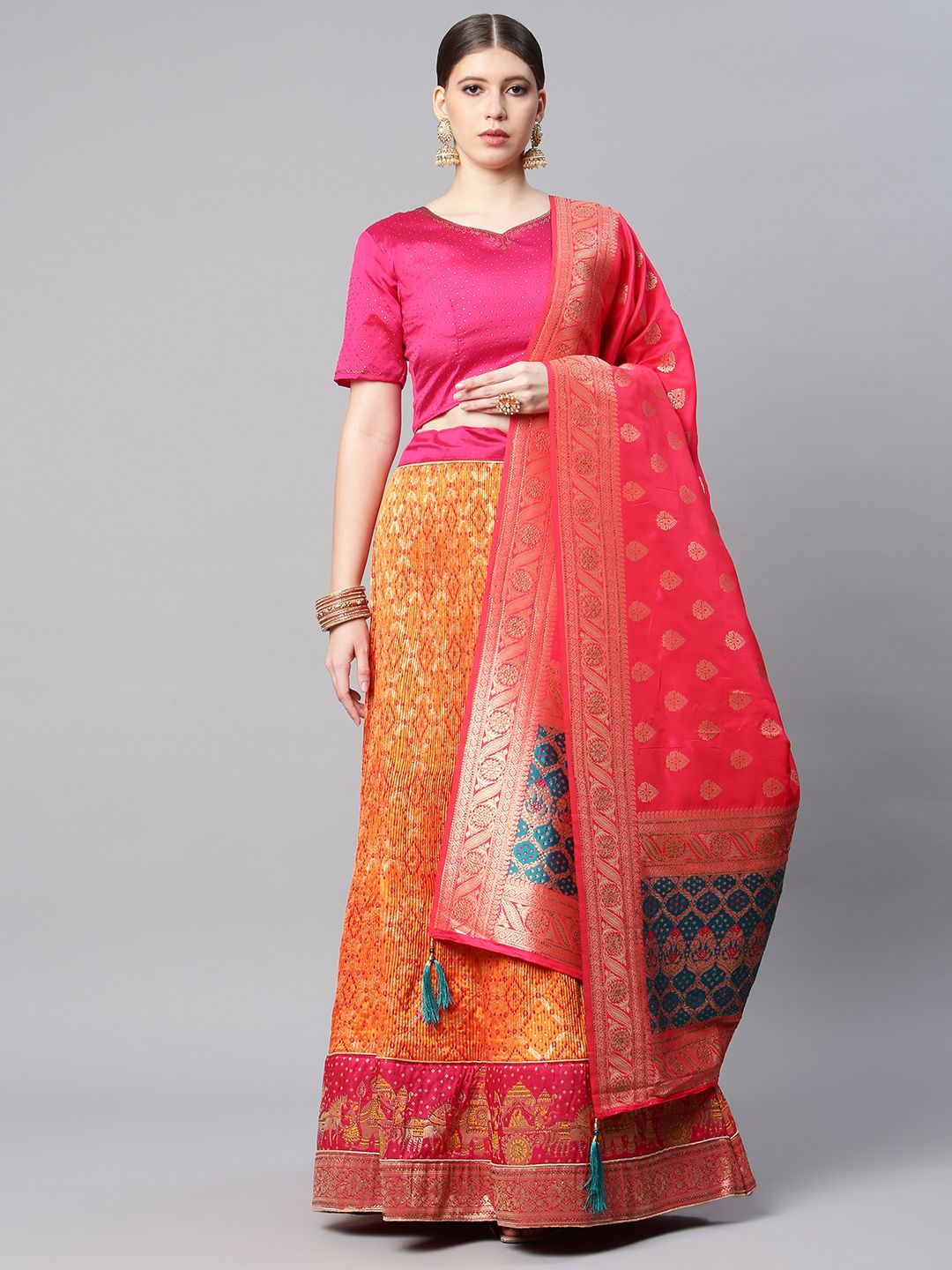 CAMPAIGN TRENDS Pink & Orange Semi-Stitched Lehenga & Unstitched Blouse With Dupatta Price in India