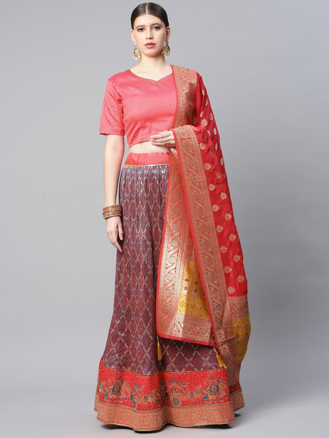 CAMPAIGN TRENDS Orange & Pink Semi-Stitched Lehenga & Unstitched Blouse With Dupatta Price in India