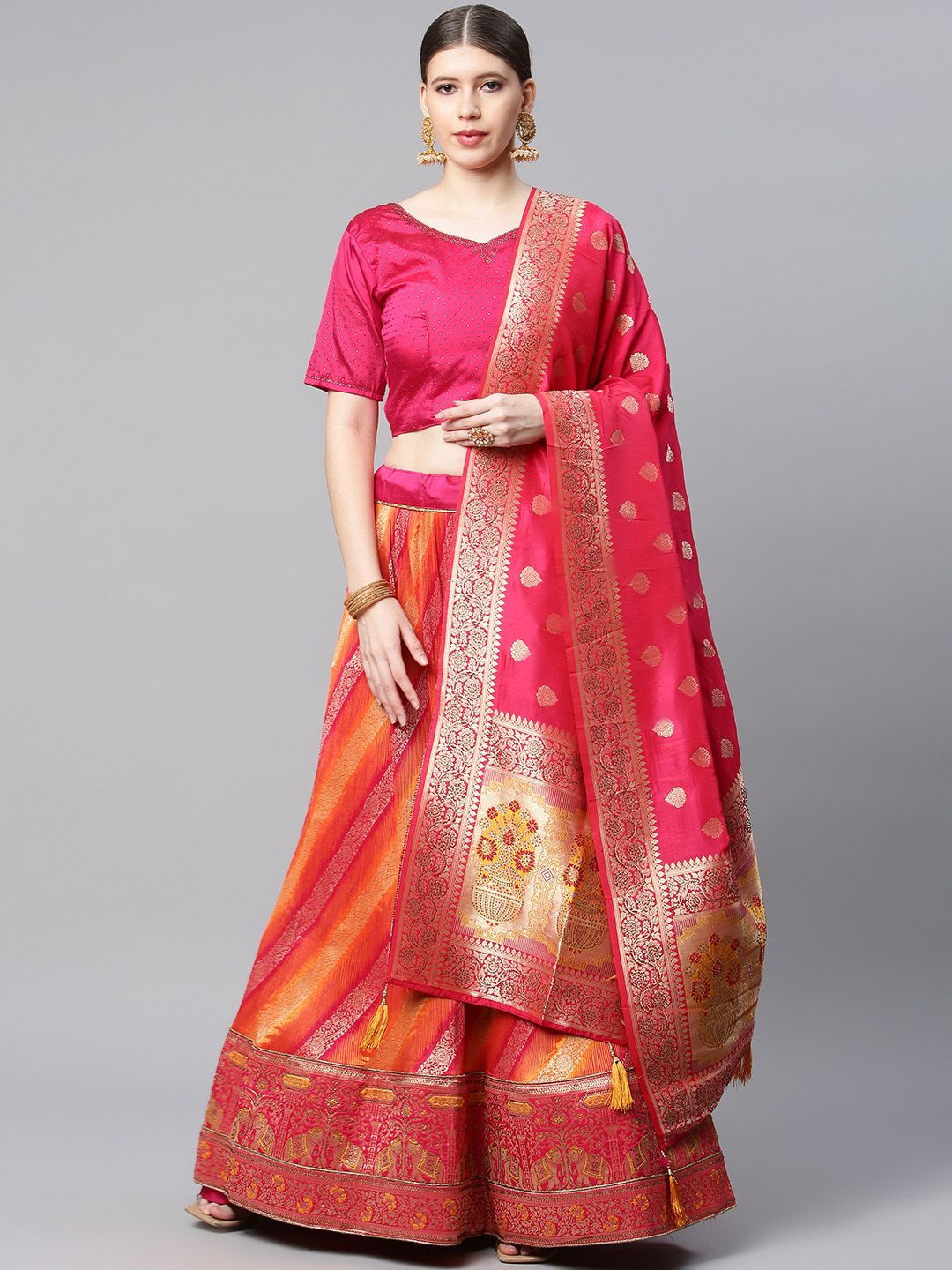 CAMPAIGN TRENDS Orange & Pink Semi-Stitched Lehenga & Unstitched Blouse With Dupatta Price in India