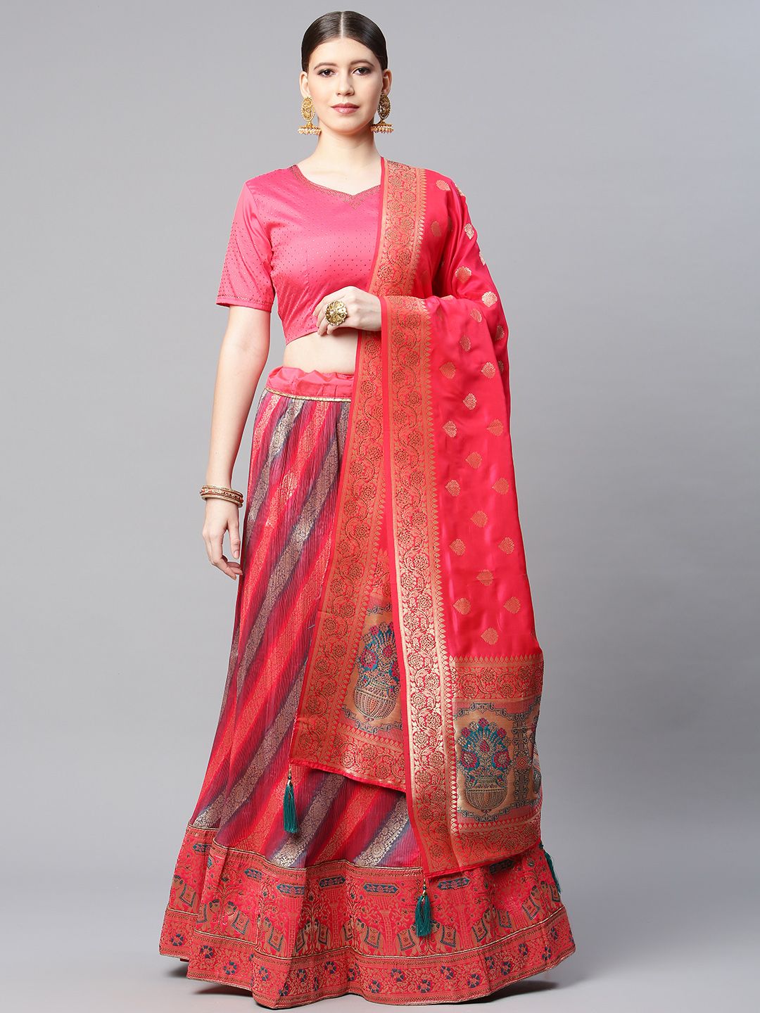 CAMPAIGN TRENDS Pink & Gold-Toned Semi-Stitched Lehenga & Unstitched Blouse With Dupatta Price in India