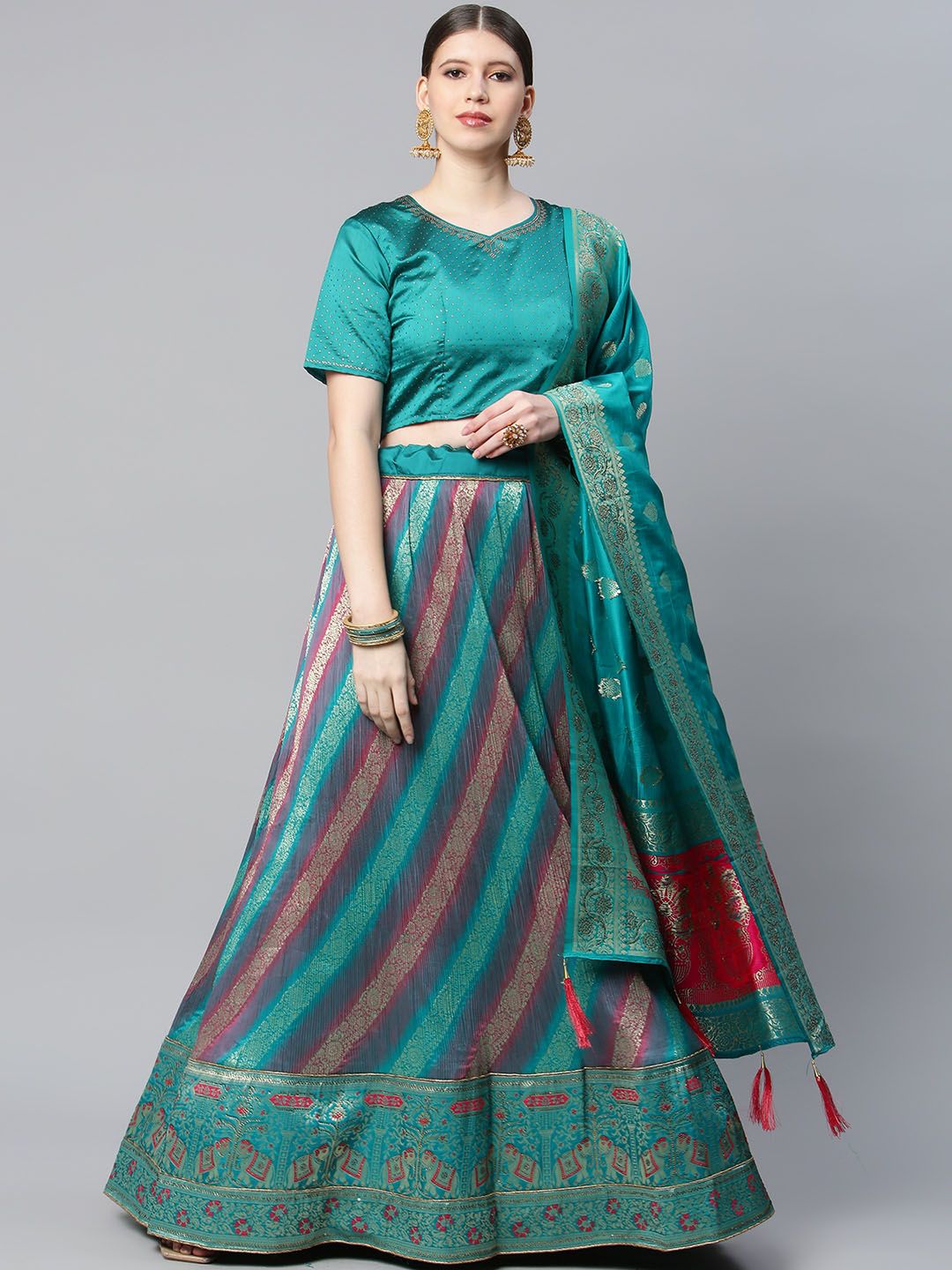 CAMPAIGN TRENDS Sea Green & Gold-Toned Semi-Stitched Lehenga & Unstitched Blouse Price in India