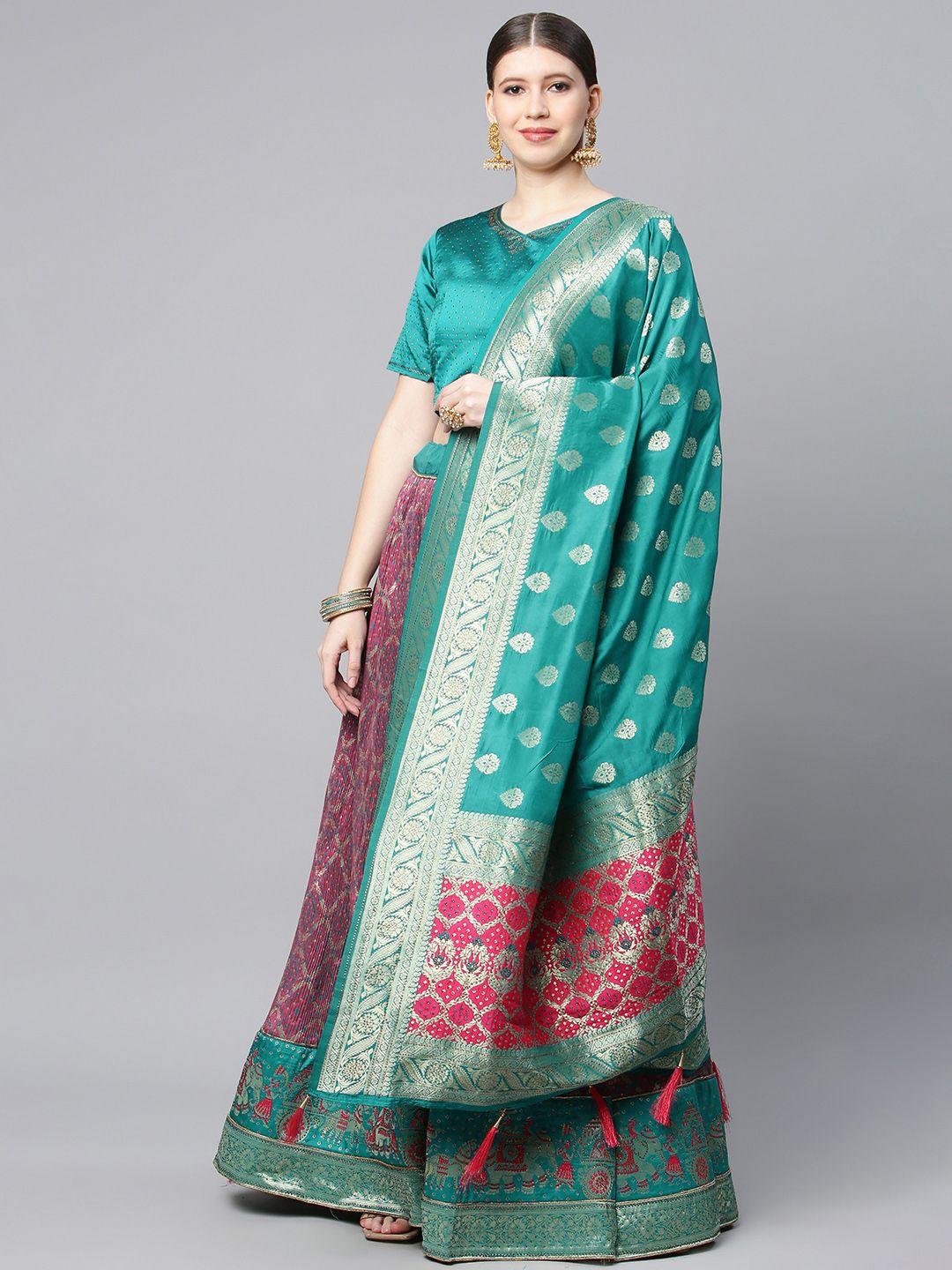 CAMPAIGN TRENDS Sea Green & Pink Semi-Stitched Lehenga & Unstitched Blouse With Dupatta Price in India