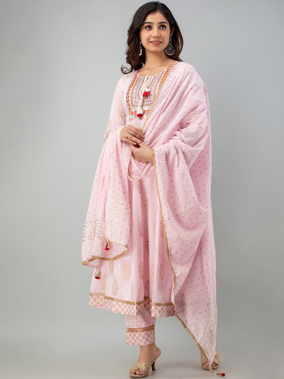 Charu Women Pink Floral Printed Layered Pure Cotton Kurta with Trousers & With Dupatta Price in India