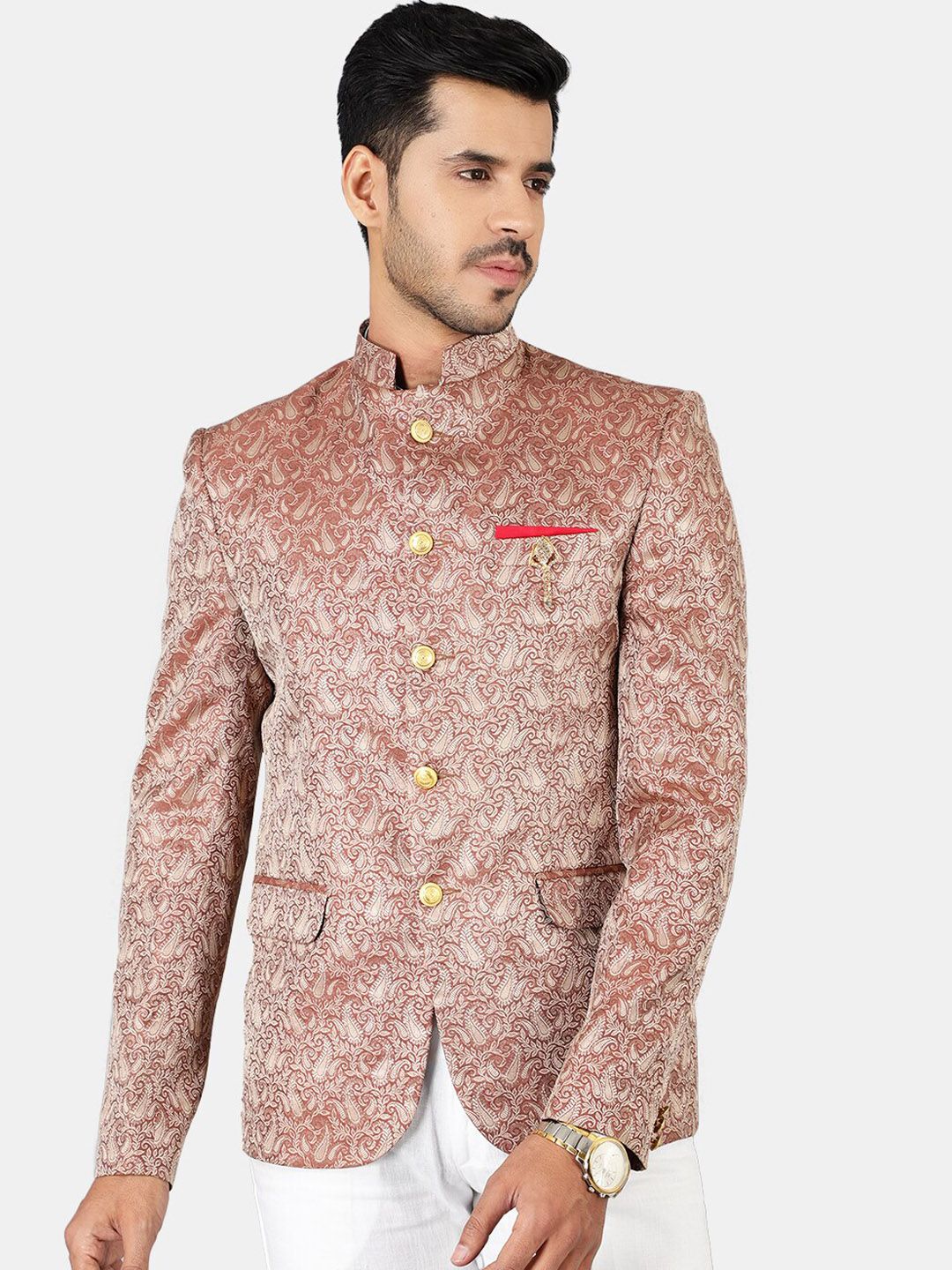 Wintage Men Brown Printed Bandhgala Blazers