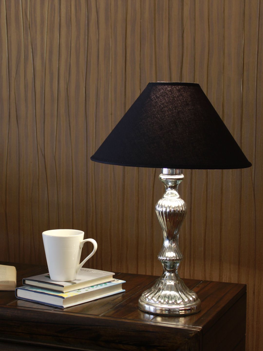 THE LIGHT STORE Black & Steel-Toned Textured Bedside Standard Table Lamp with Shade Price in India