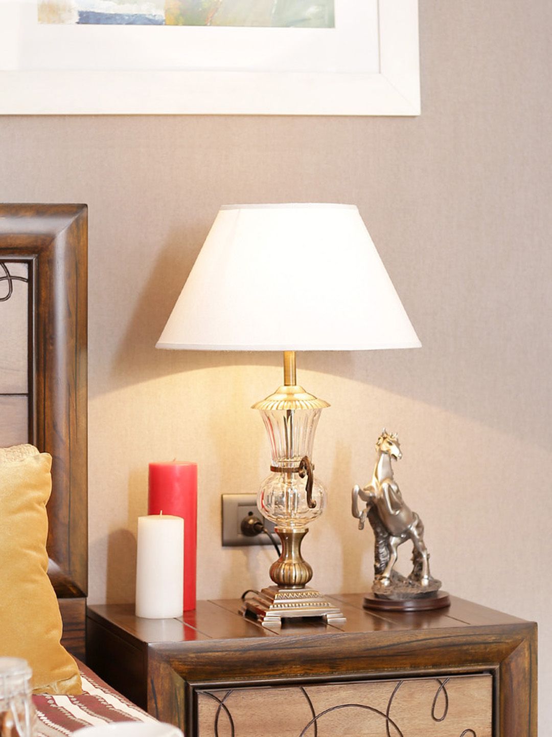 THE LIGHT STORE Antique Gold-Toned & White Bedside Standard Table Lamp with Shade Price in India