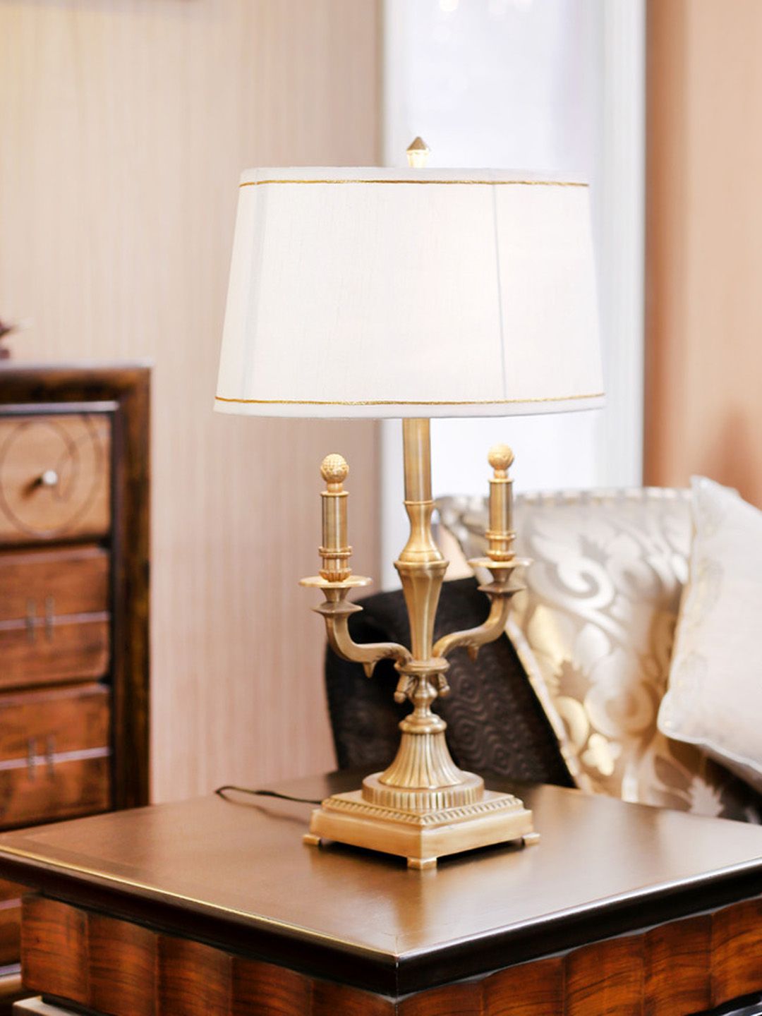 THE LIGHT STORE Antique Gold-Toned & White Bedside Standard Table Lamp with Shade Price in India