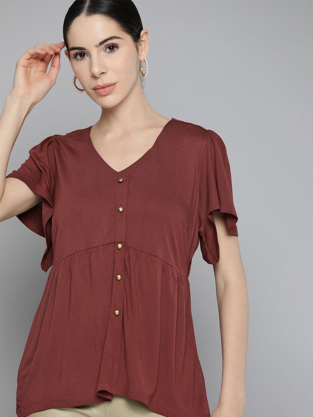 Chemistry Brown Solid Knitted Fit and Flare Top Price in India