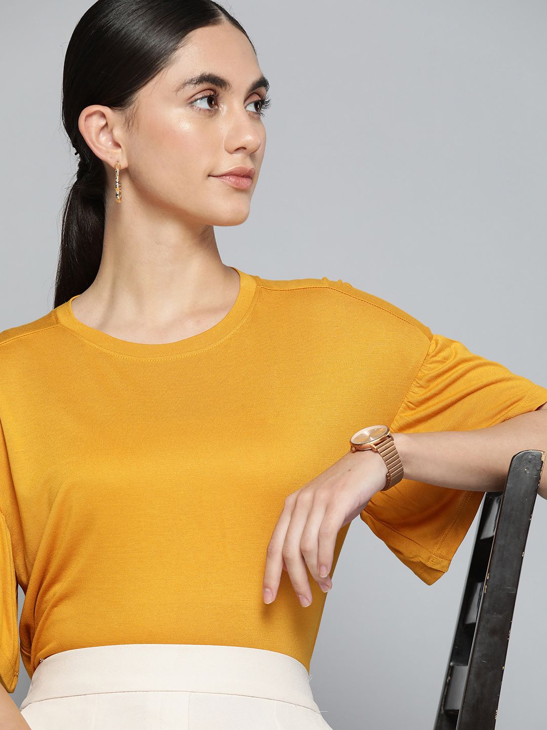 Chemistry Mustard Yellow Solid Knitted Top Price in India