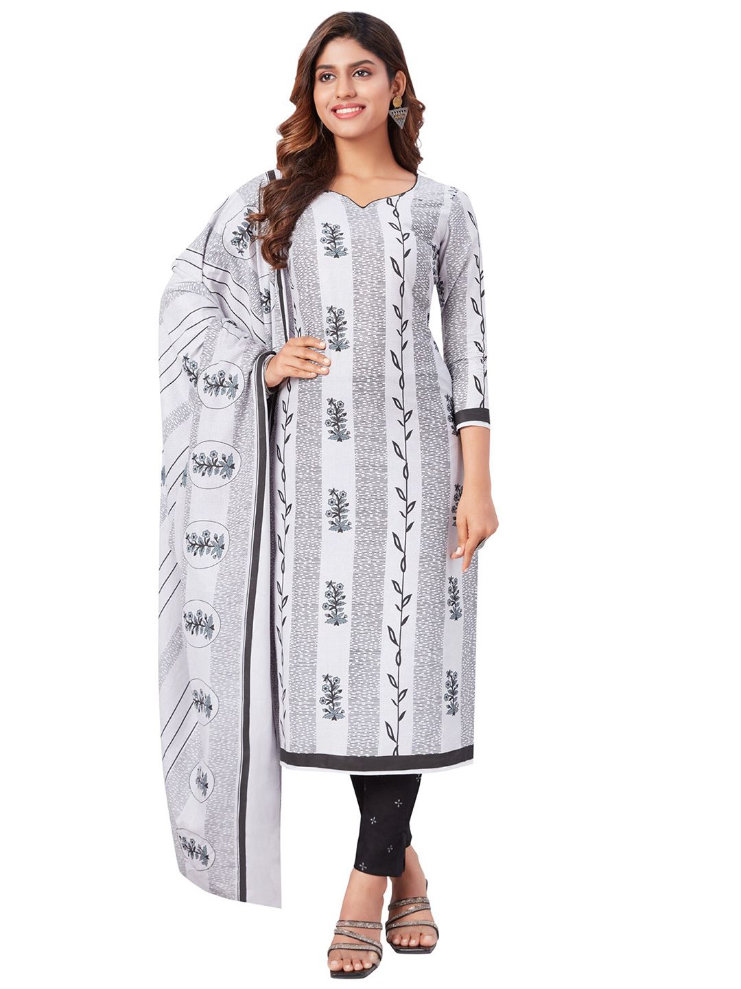 SALWAR STUDIO White & Black Printed Pure Cotton Unstitched Dress Material Price in India