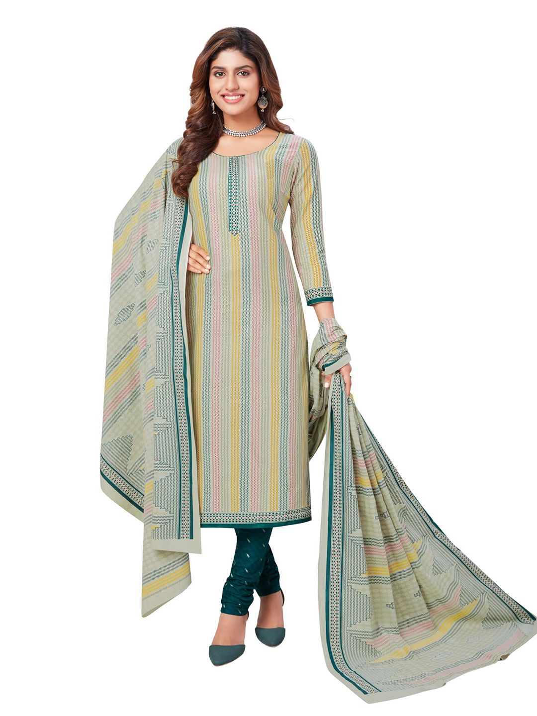 SALWAR STUDIO Grey & Green Printed Pure Cotton Unstitched Dress Material Price in India