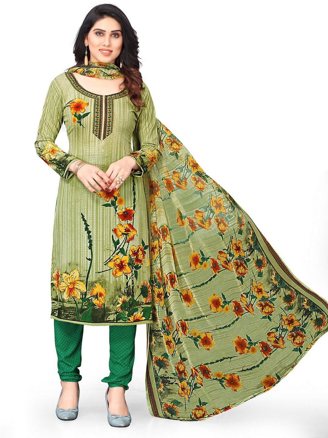 SALWAR STUDIO Green & Yellow Printed Unstitched Dress Material Price in India