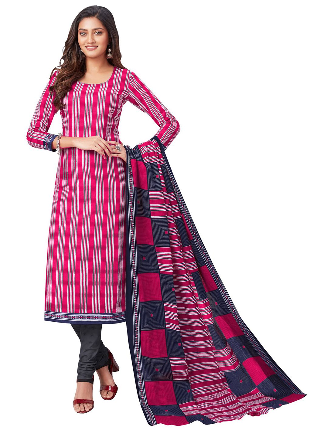 SALWAR STUDIO Pink & Grey Printed Pure Cotton Unstitched Dress Material Price in India