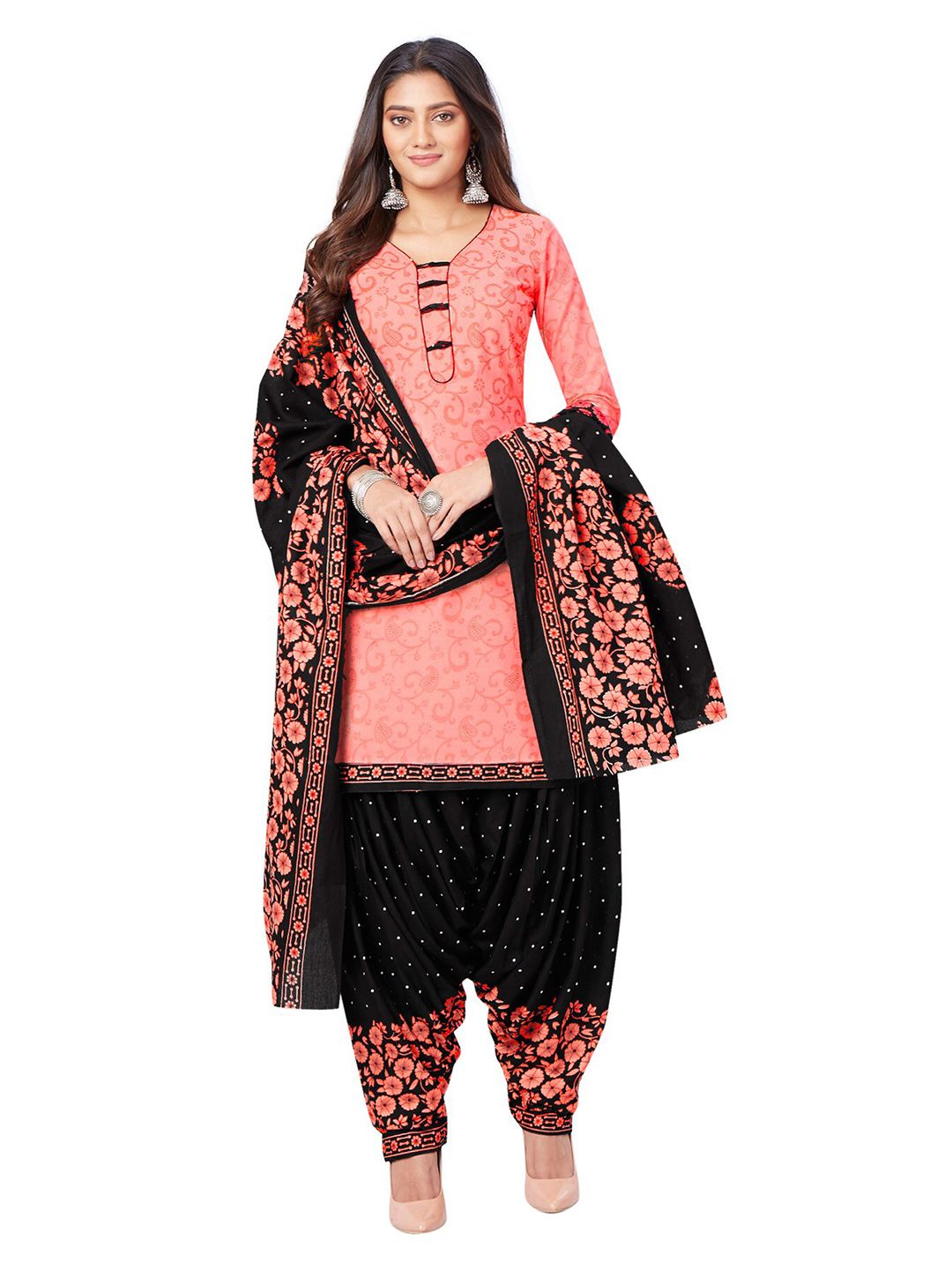 SALWAR STUDIO Pink & Black Printed Pure Cotton Unstitched Dress Material Price in India