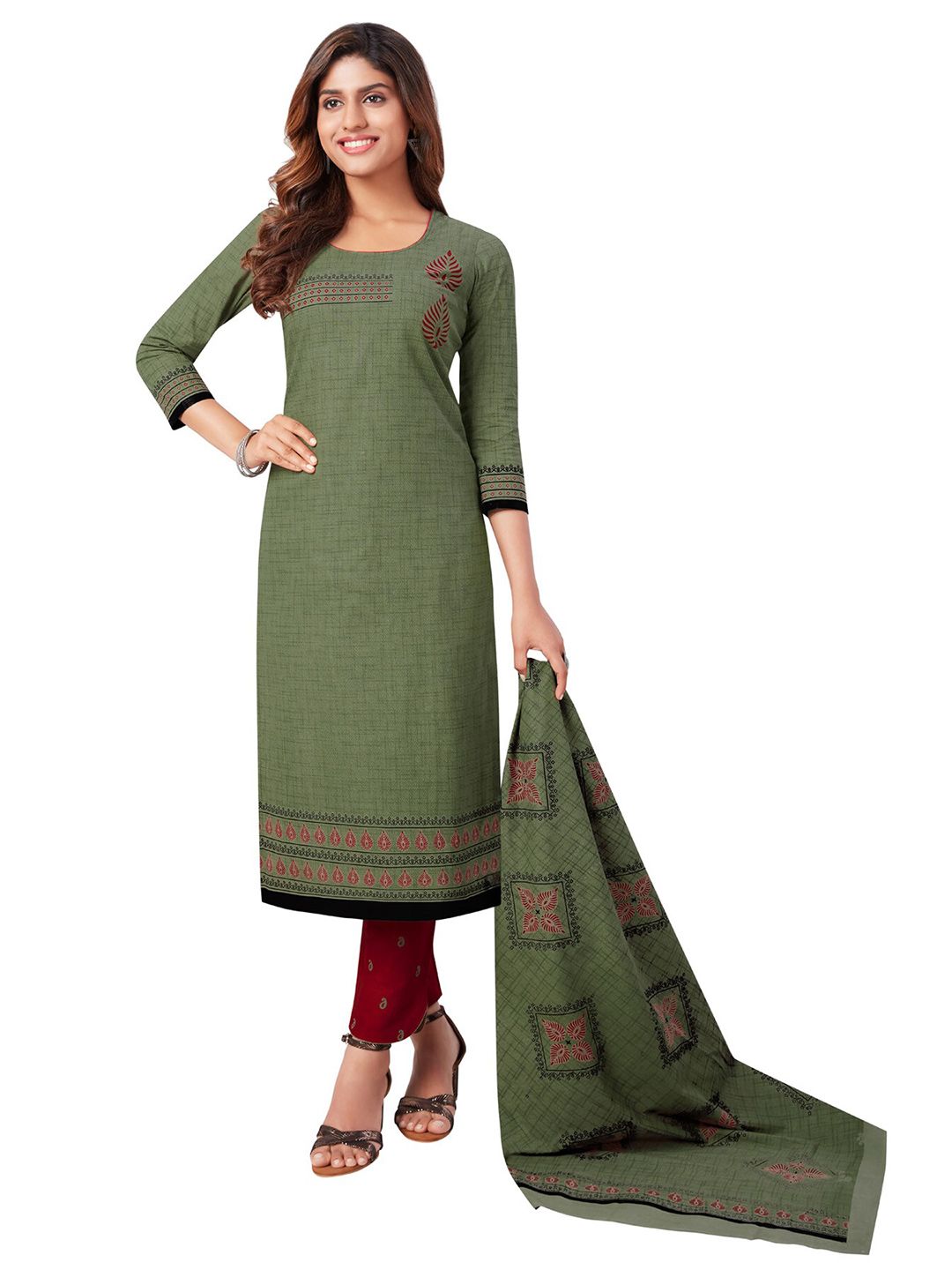 SALWAR STUDIO Green & Red Printed Pure Cotton Unstitched Dress Material Price in India