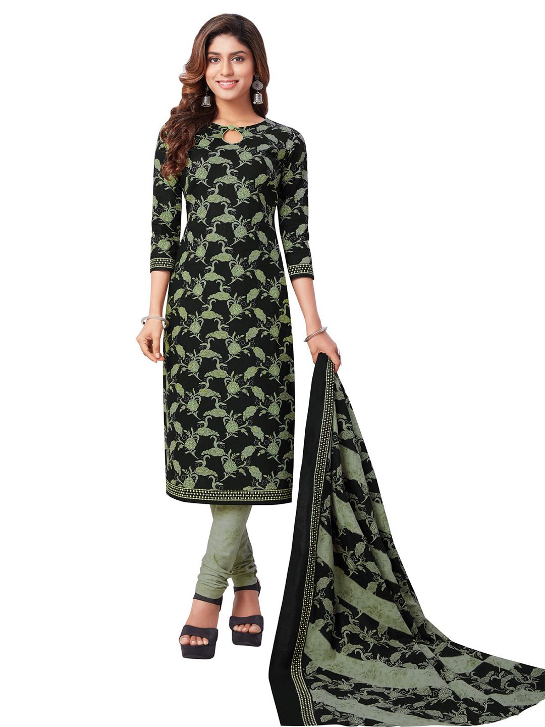 SALWAR STUDIO Black & Green Printed Pure Cotton Unstitched Dress Material Price in India