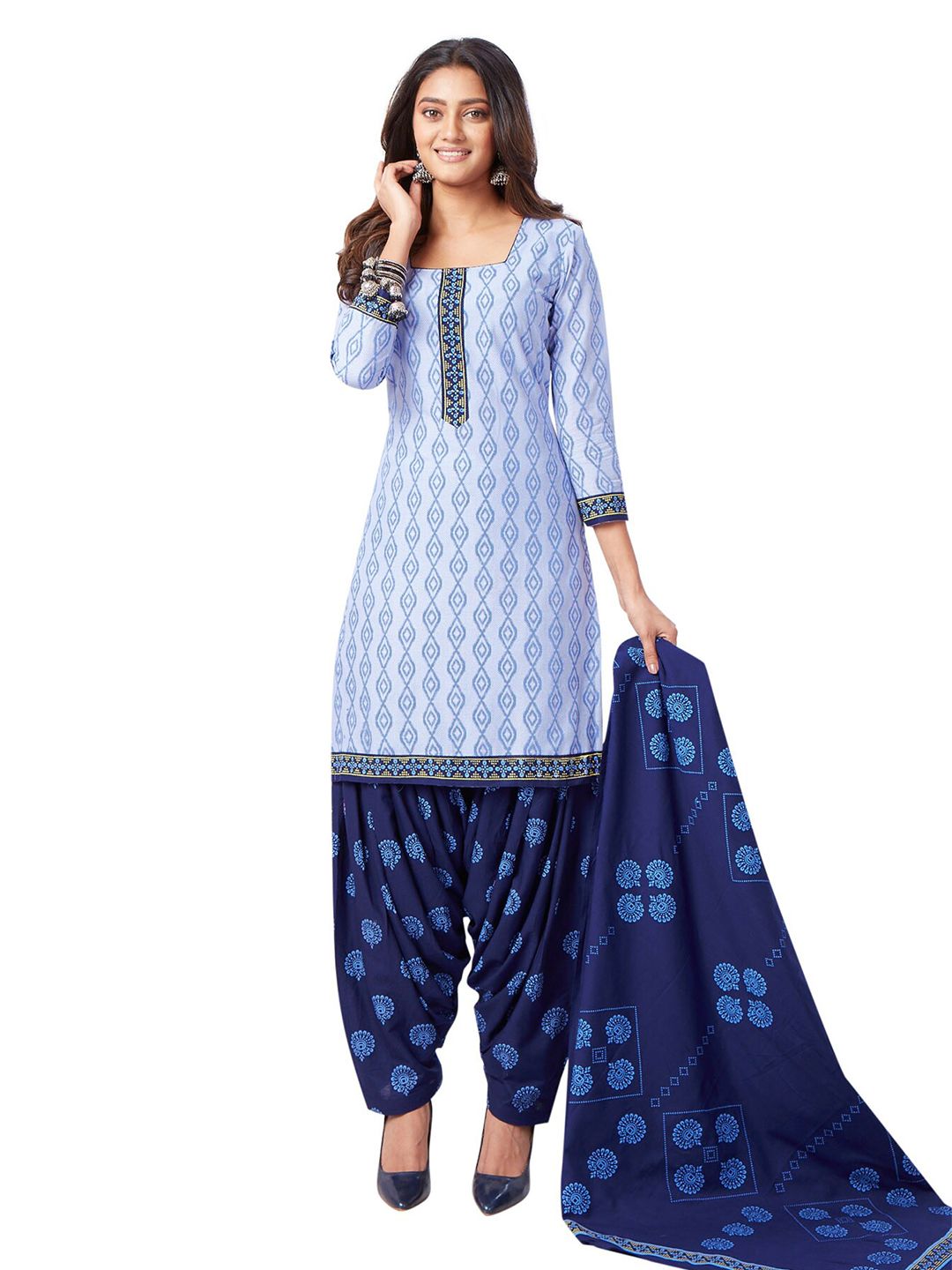 SALWAR STUDIO Blue Printed Pure Cotton Unstitched Dress Material Price in India