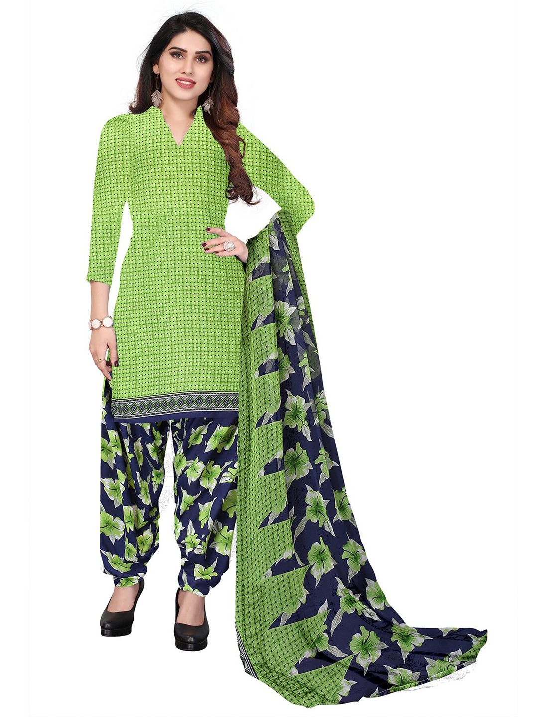 SALWAR STUDIO Green & Navy Blue Printed Unstitched Dress Material Price in India