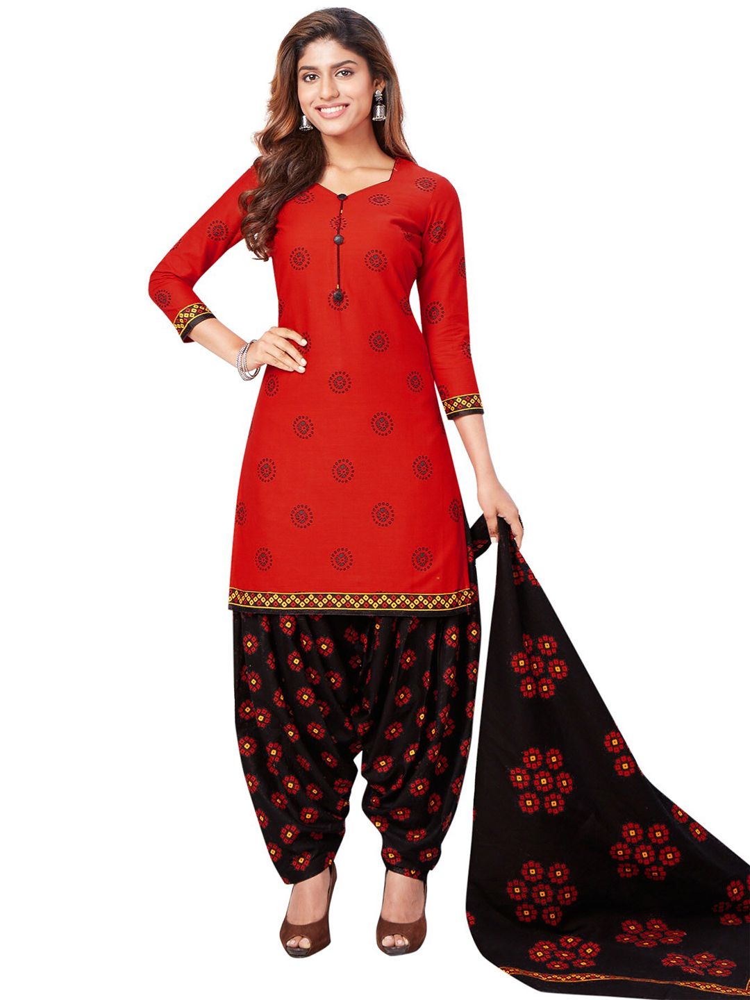 SALWAR STUDIO Red & Black Printed Pure Cotton Unstitched Dress Material Price in India