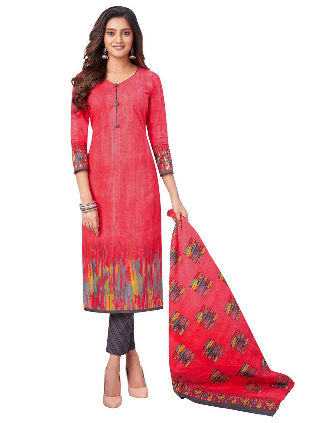 SALWAR STUDIO Pink & Grey Printed Pure Cotton Unstitched Dress Material Price in India